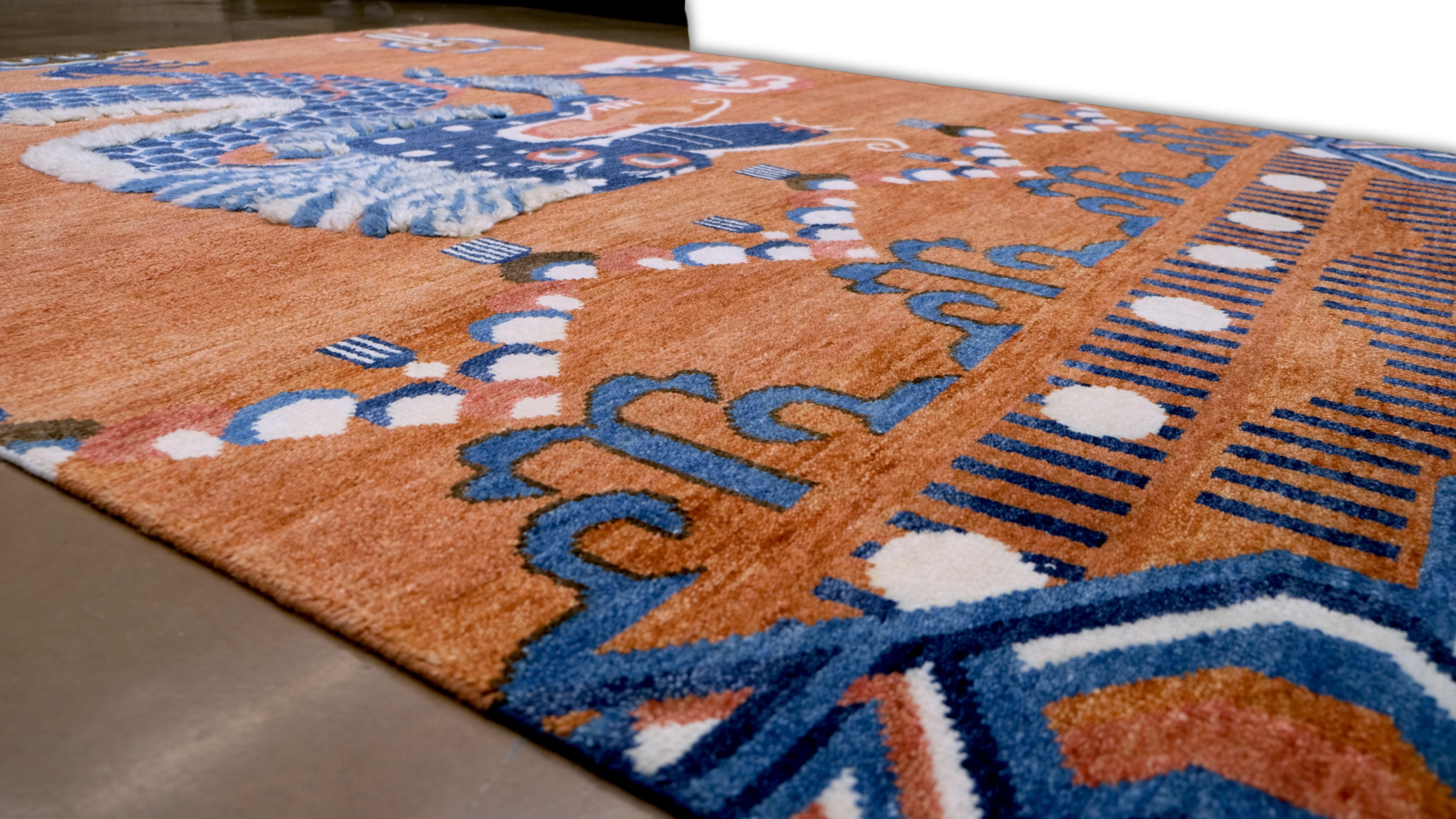 Orange and Blue Tibetan Dragon Wool Rug 8'x10' For Sale 3