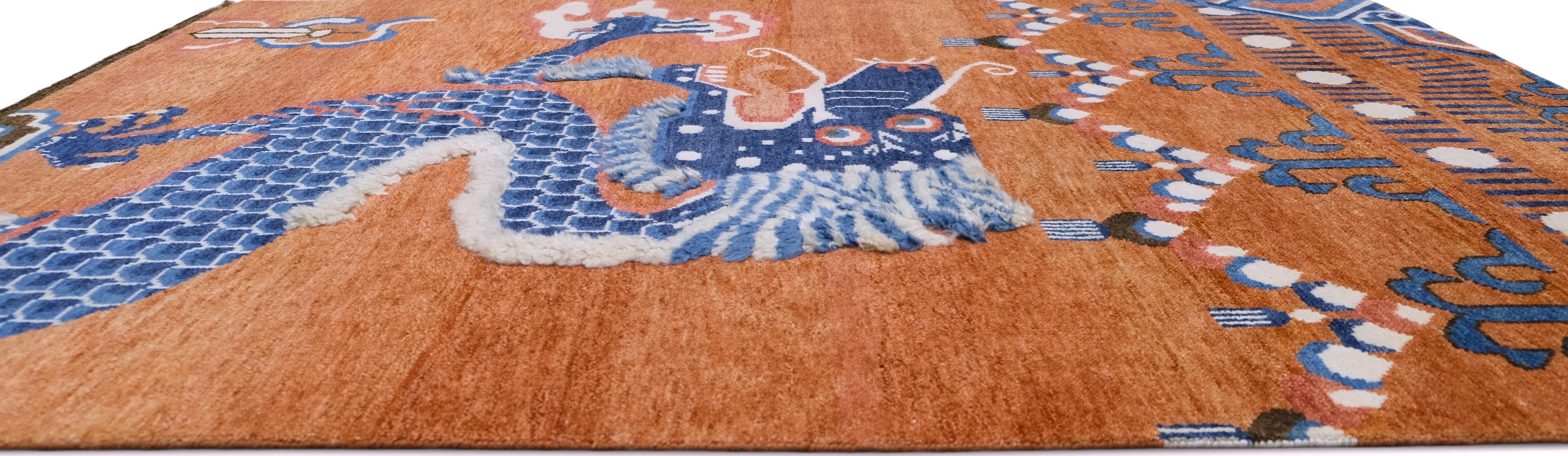Arts and Crafts Orange and Blue Tibetan Dragon Wool Rug 8'x10' For Sale