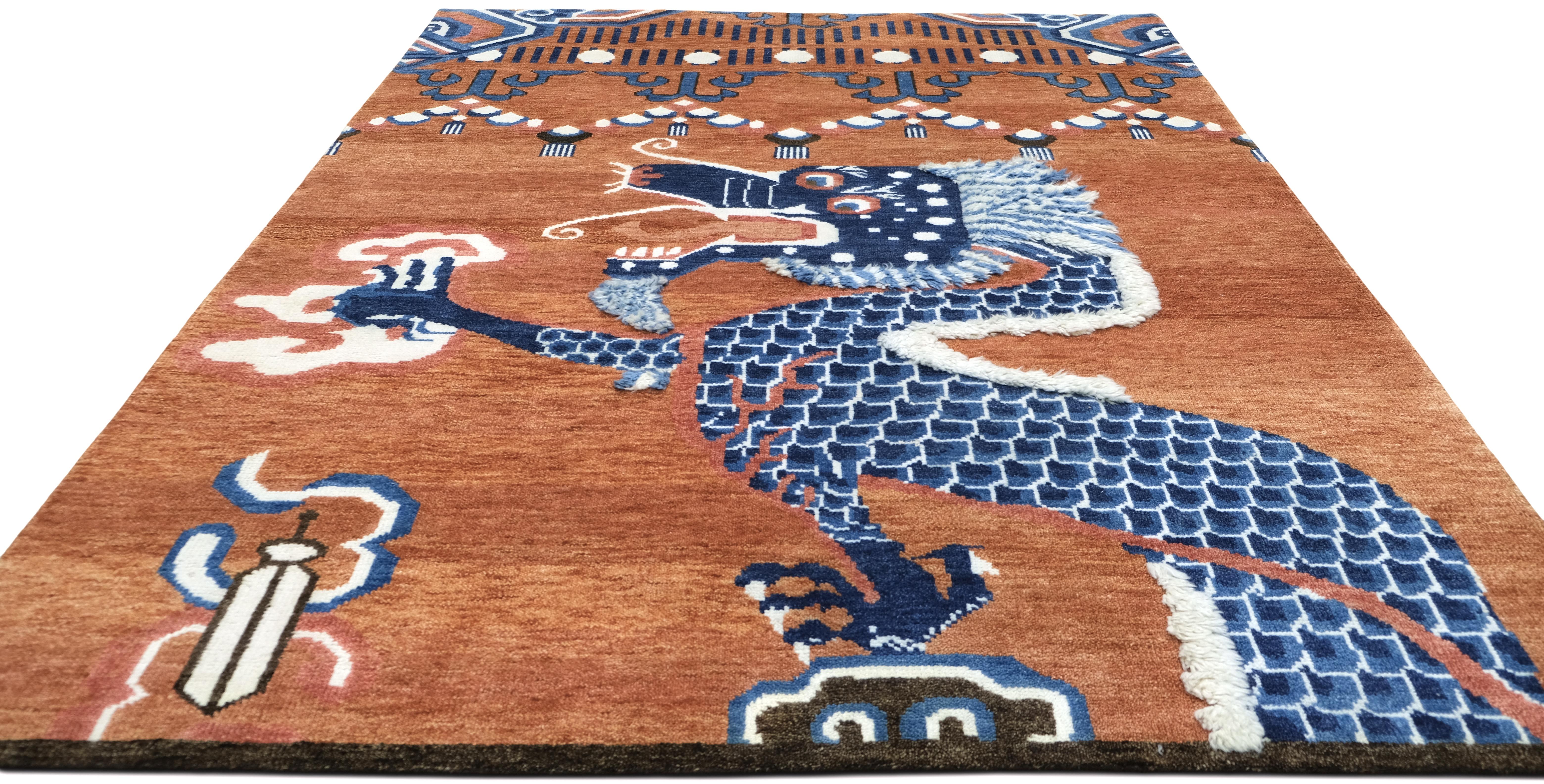 Asian Orange and Blue Tibetan Dragon Wool Rug 8'x10' For Sale