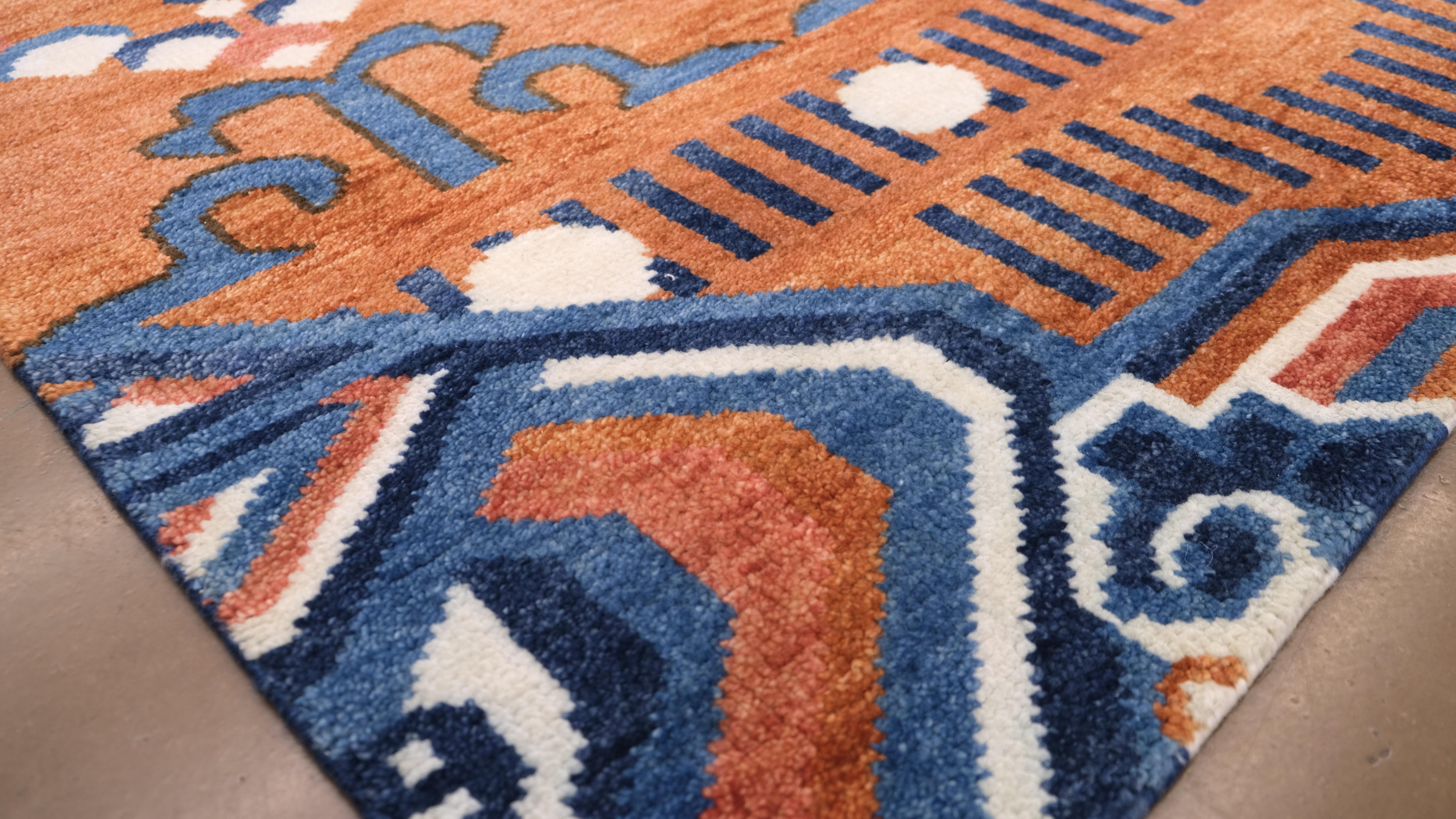 Hand-Knotted Orange and Blue Tibetan Dragon Wool Rug 8'x10' For Sale