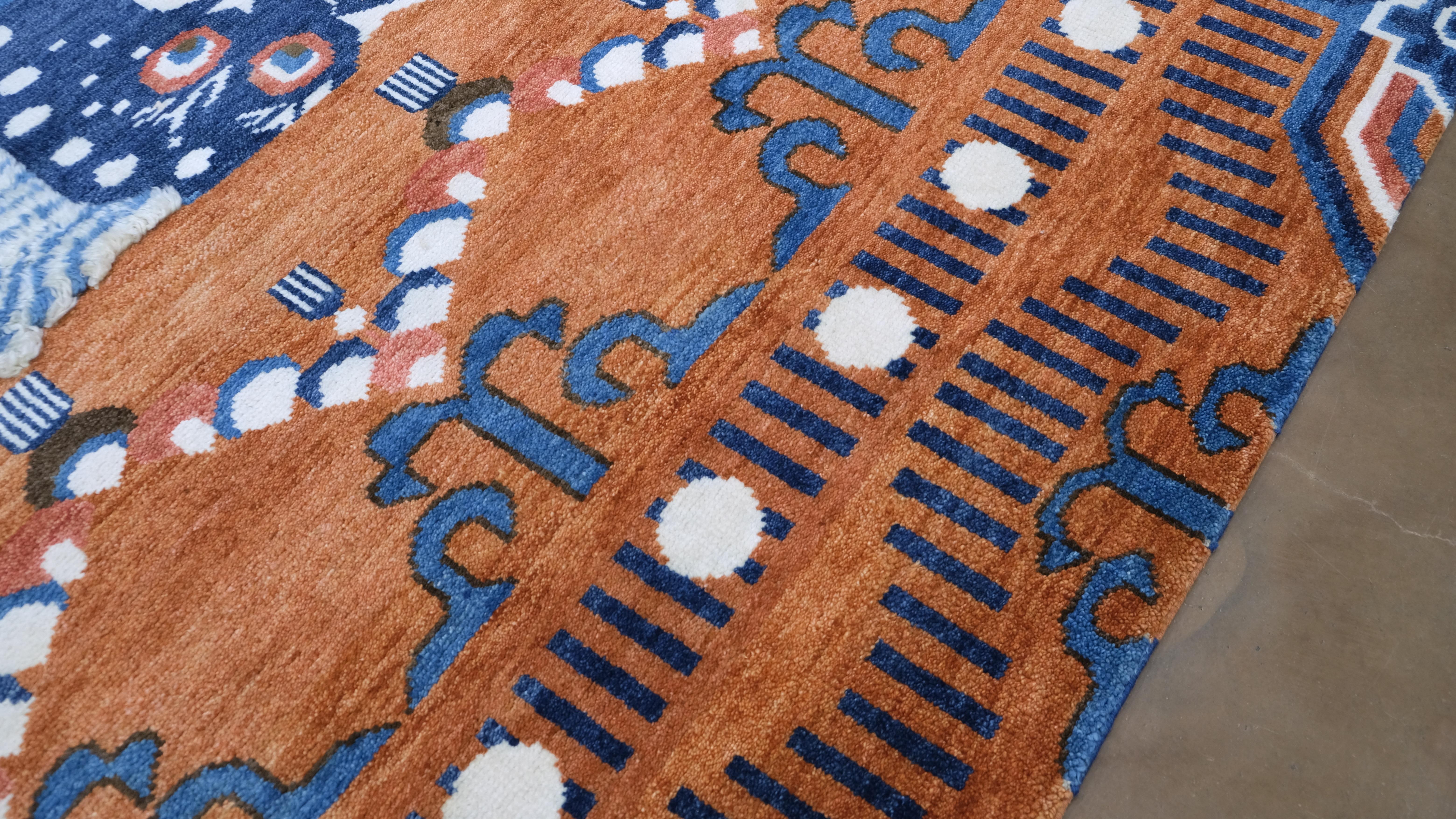 Contemporary Orange and Blue Tibetan Dragon Wool Rug 8'x10' For Sale