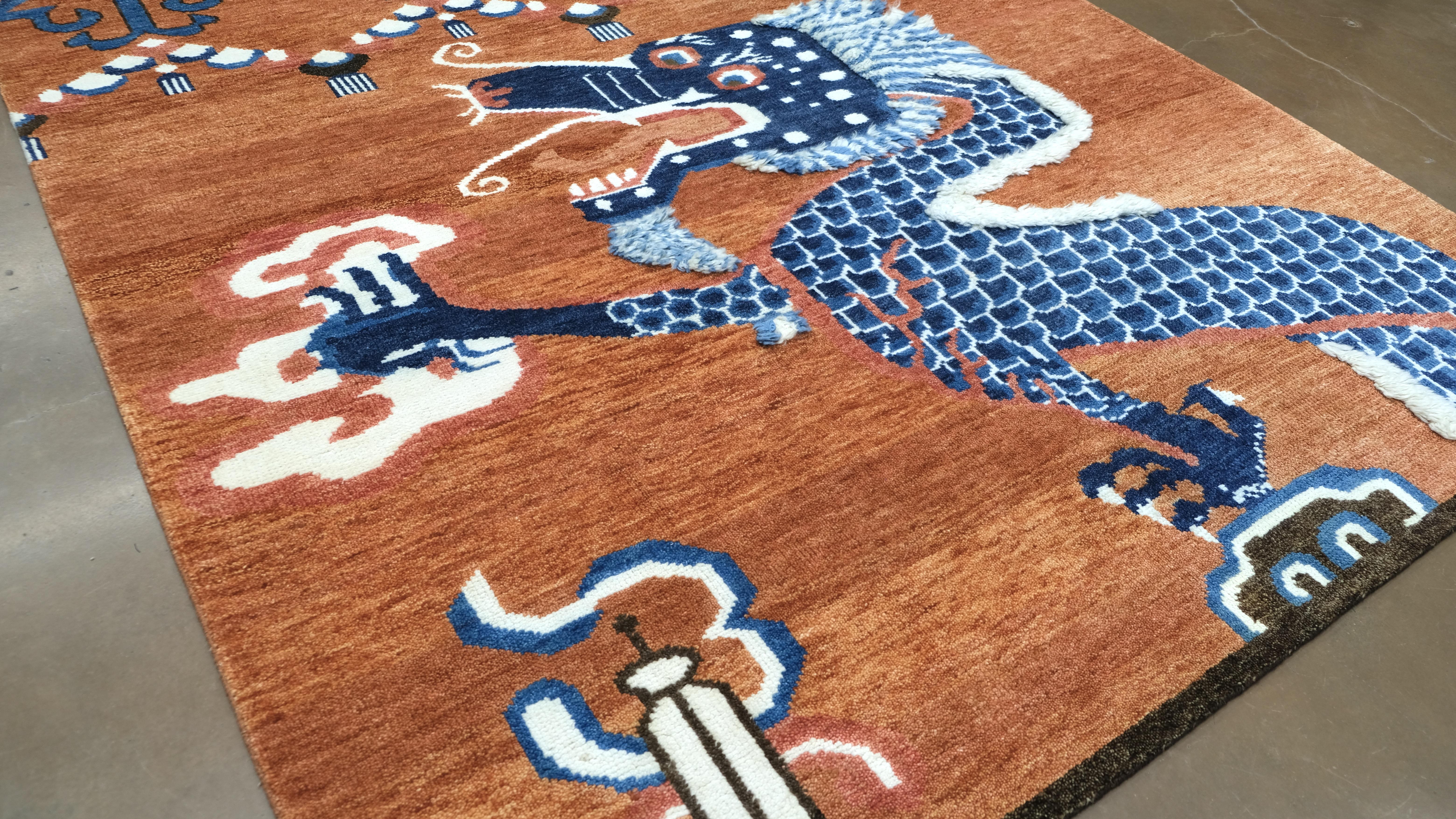 Orange and Blue Tibetan Dragon Wool Rug 8'x10' For Sale 1