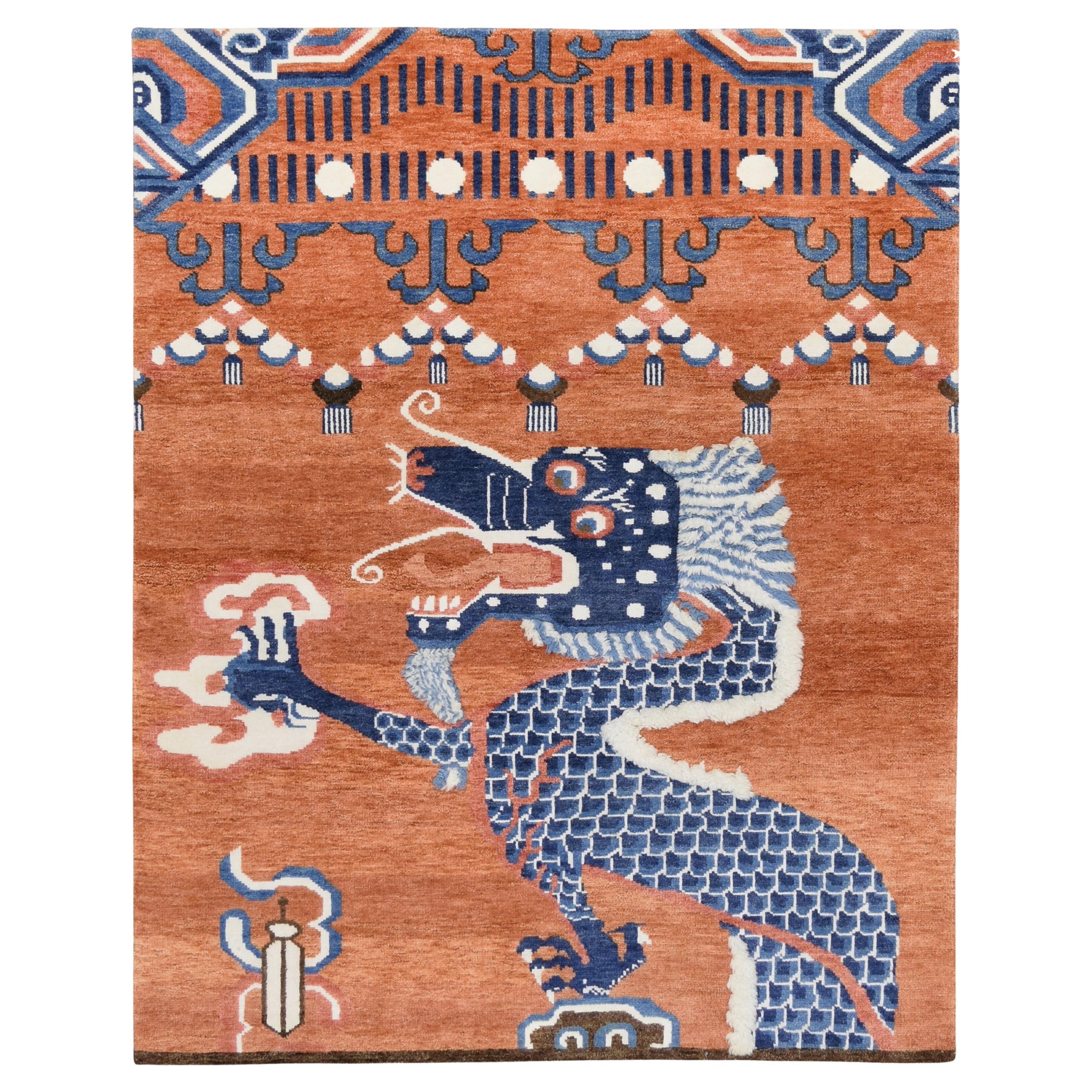 Orange and Blue Tibetan Dragon Wool Rug 8'x10'