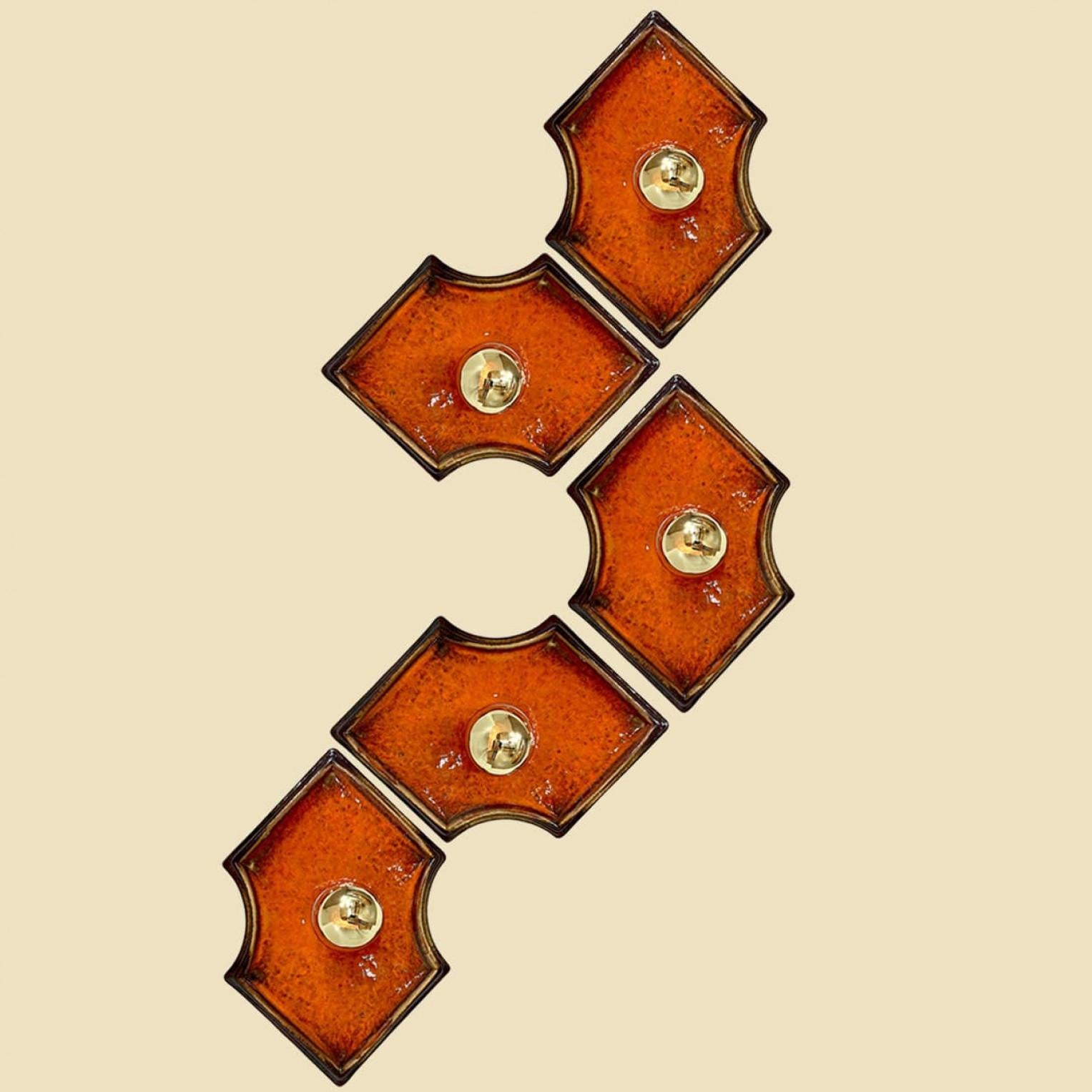 Orangefarbene und braune keramische Wandleuchten/Flush Mounts Keramik, Deutschland, 1960er Jahre im Angebot 5