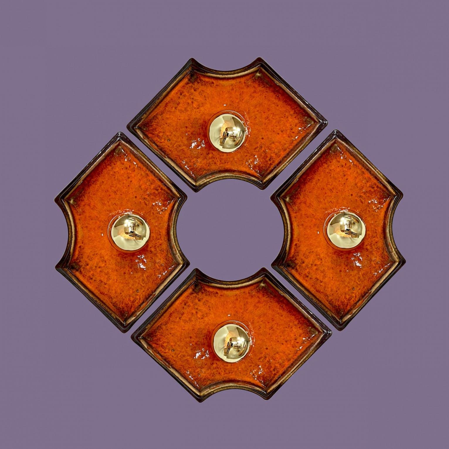 Orangefarbene und braune keramische Wandleuchten/Flush Mounts Keramik, Deutschland, 1960er Jahre (Glasiert) im Angebot