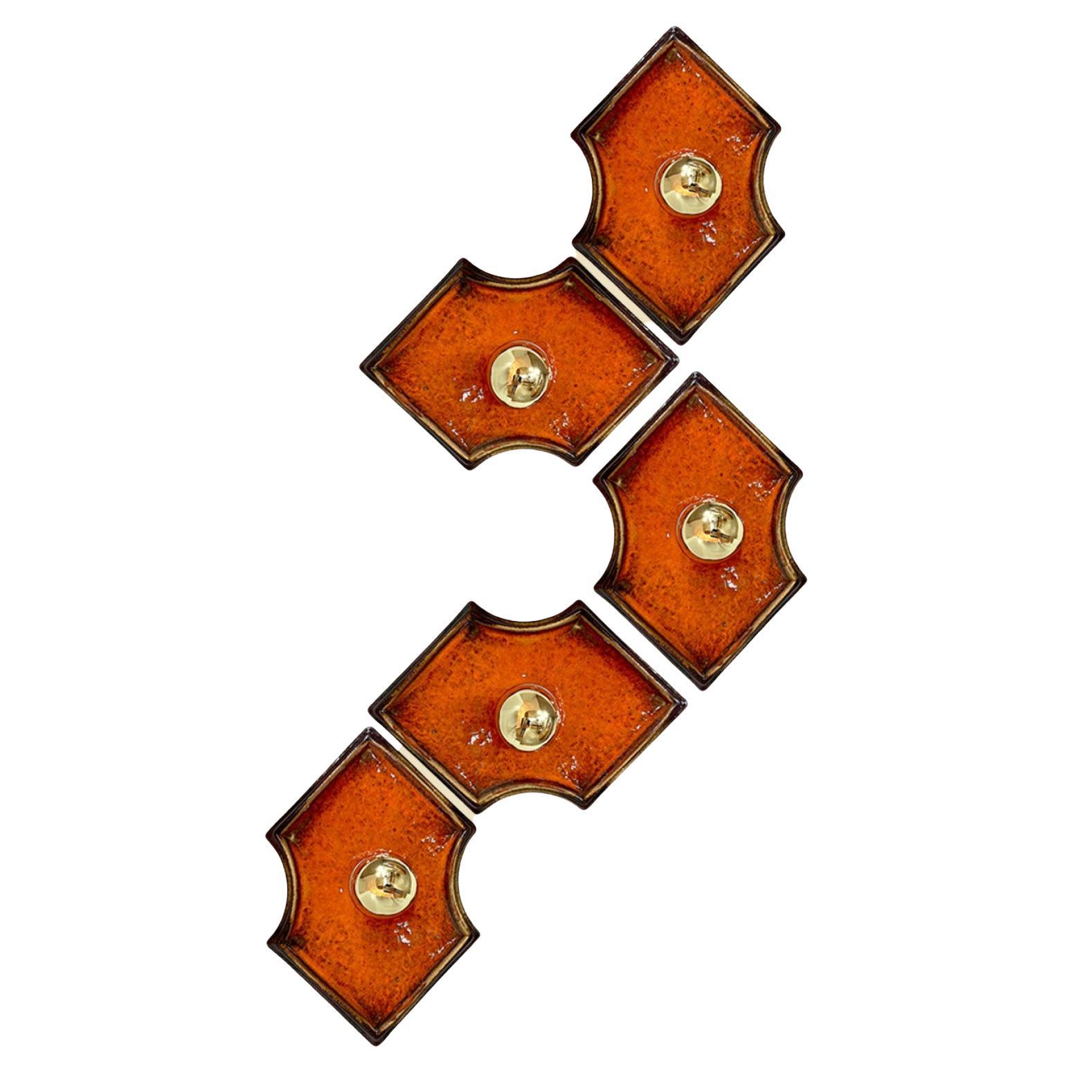 Brown and Orange Ceramic Geometric Wall Light, WestGermany For Sale at