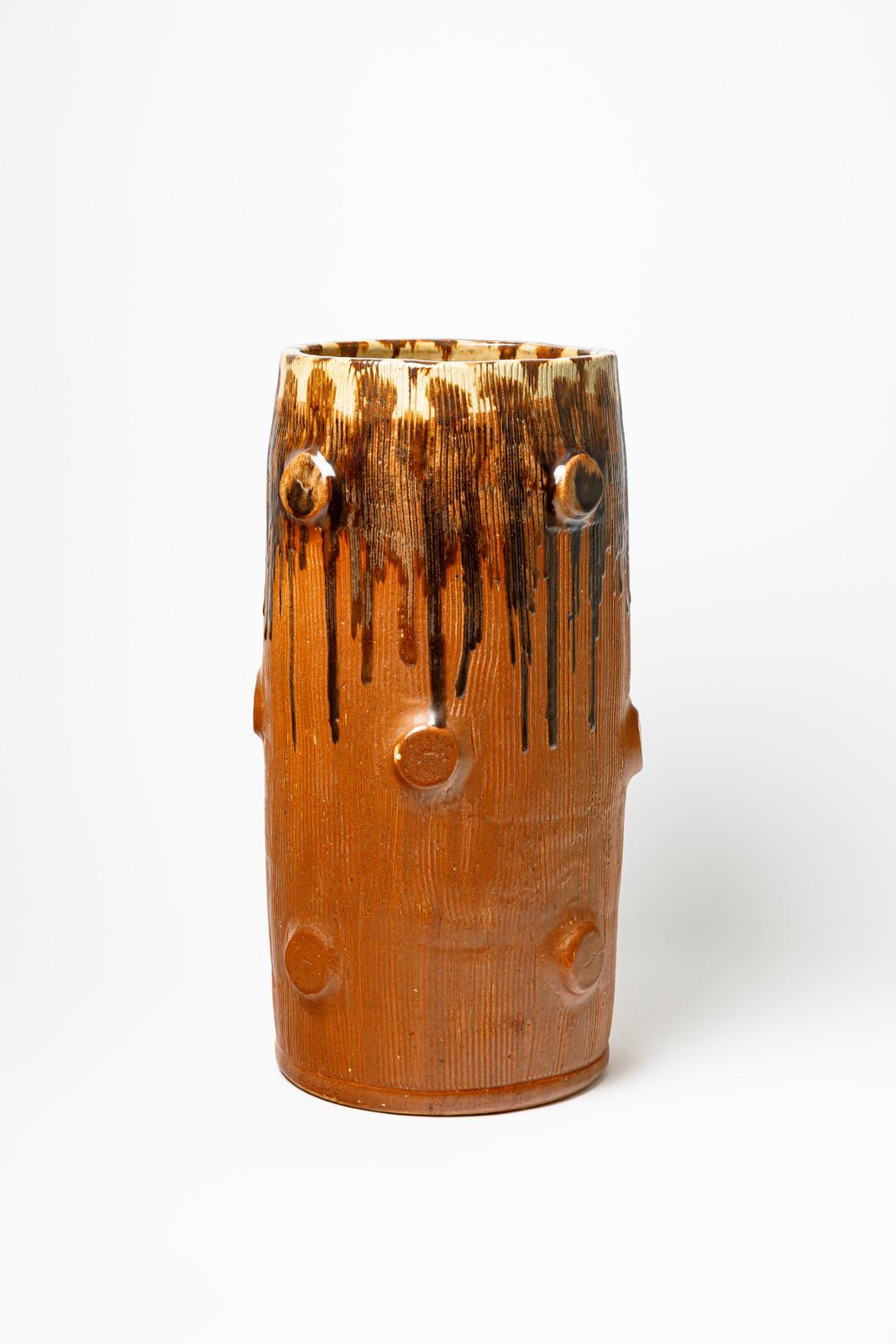 Vase en céramique émaillée orange et brune de Joseph Talbot, vers 1940-1950. Excellent état - En vente à Saint-Ouen, FR