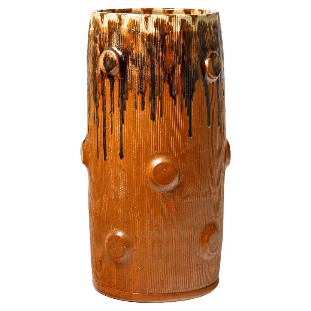 Orange and brown glazed ceramic vase by Joseph Talbot, circa 1940-1950. For Sale