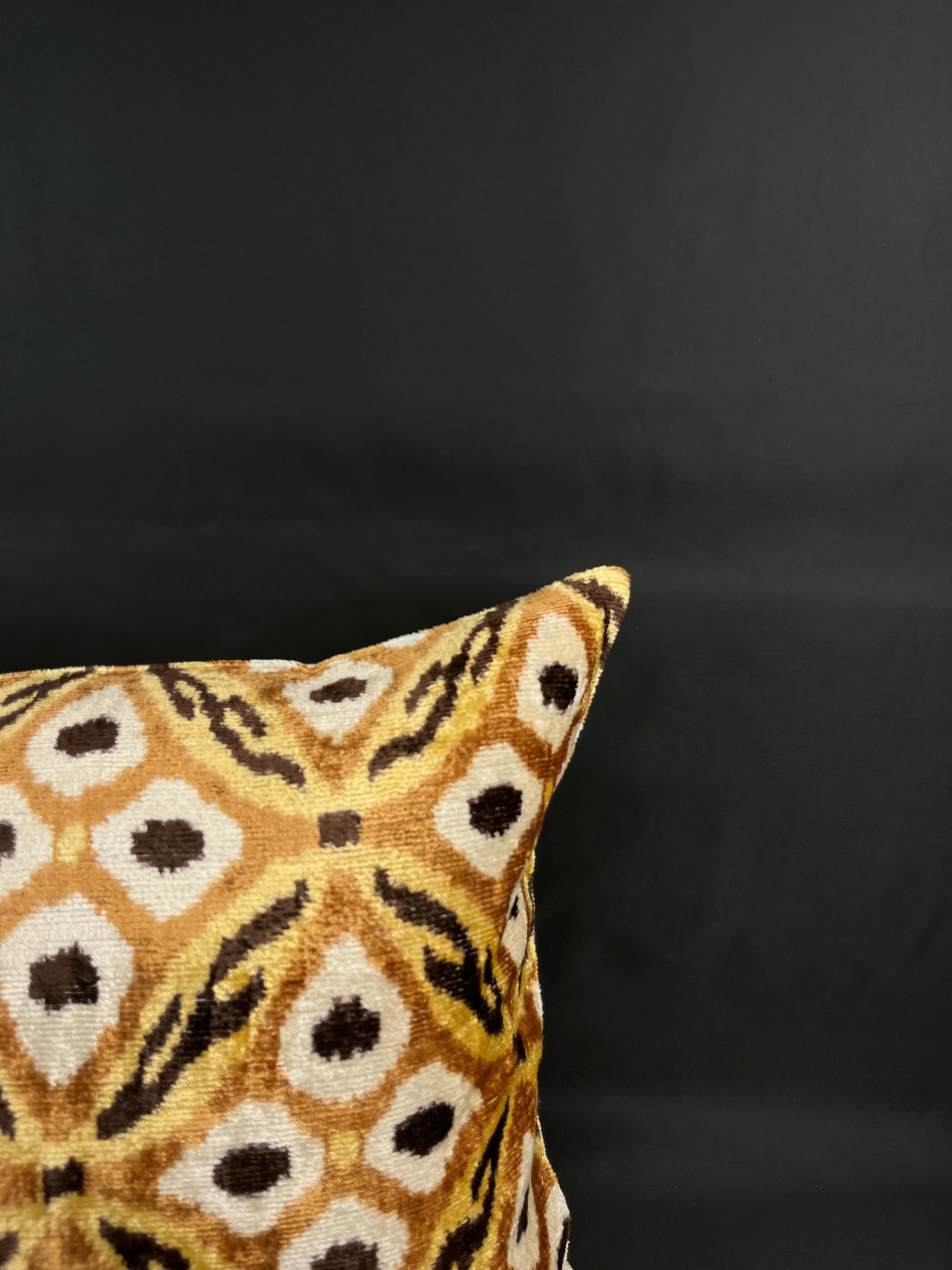 Modern Orange and Brown Velvet Silk Ikat Pillow Cover