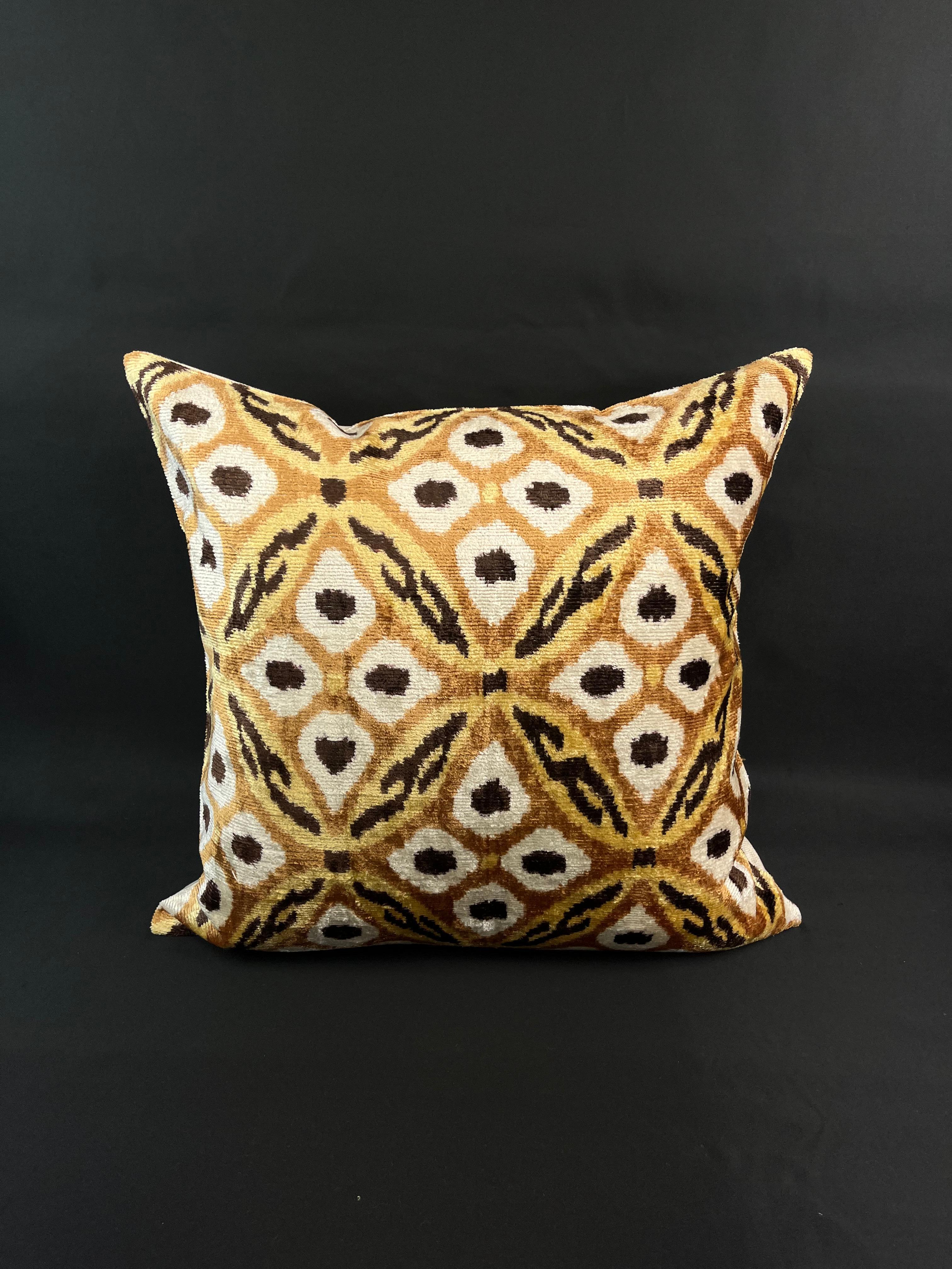 Orange and Brown Velvet Silk Ikat Pillow Cover In New Condition In Houston, TX