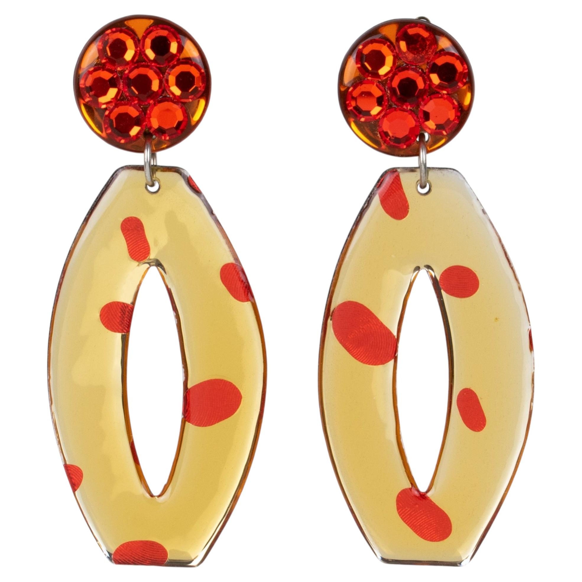 Orange and Champagne Jeweled Resin Dangle Chandelier Clip Earrings