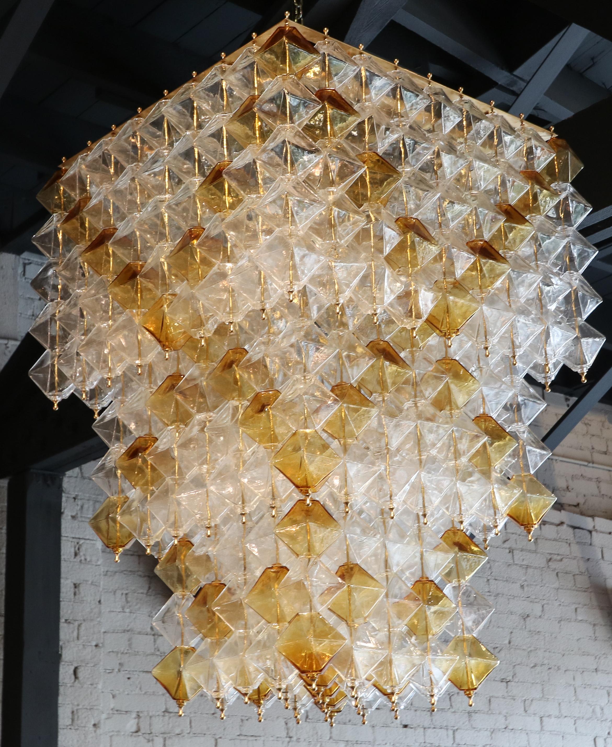 Brass Orange and Clear Murano Glass Tiered Chandelier For Sale