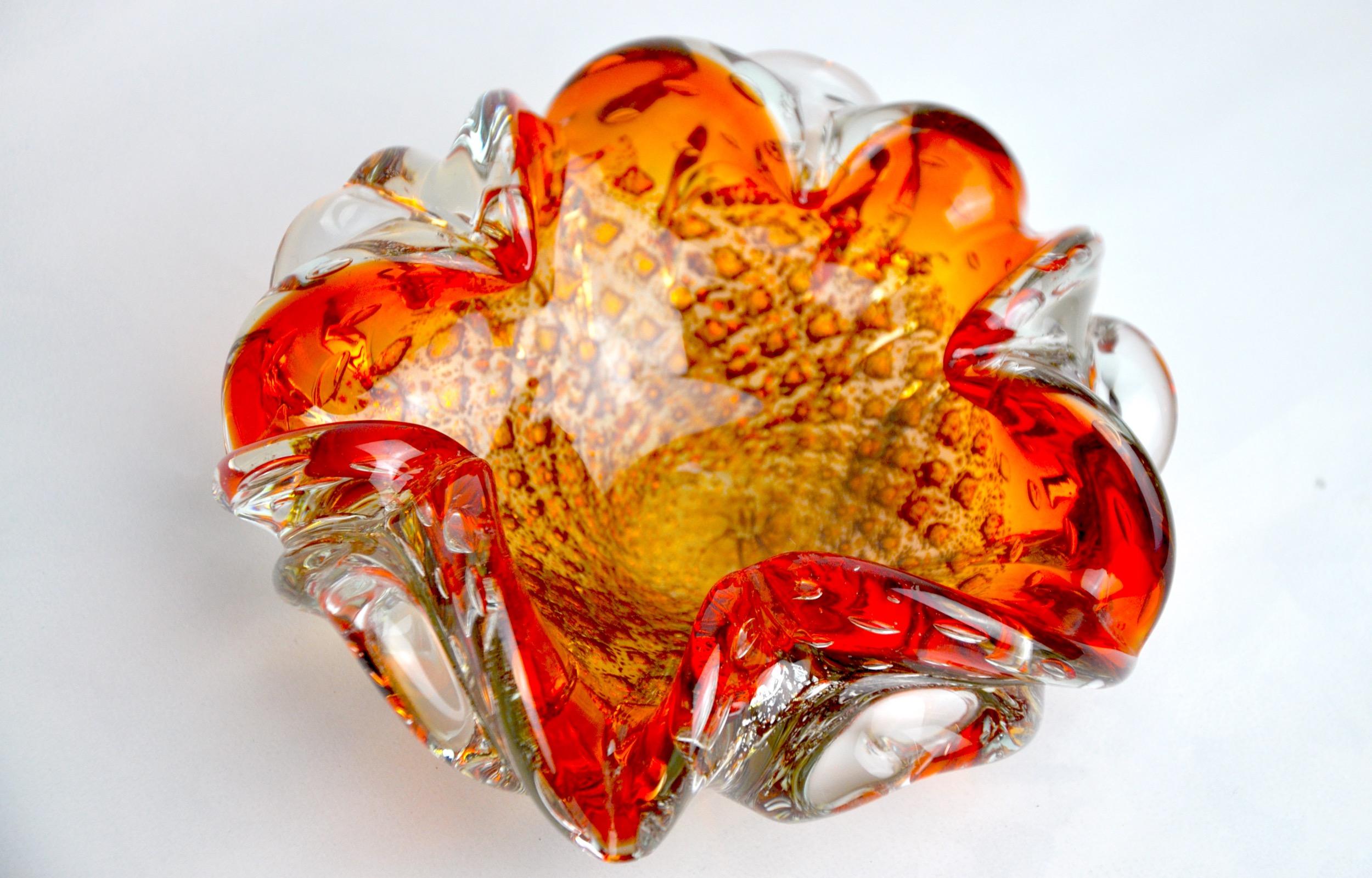 Late 20th Century orange and gold sommerso bowl by seguso, murano glass, italy, 1970 For Sale