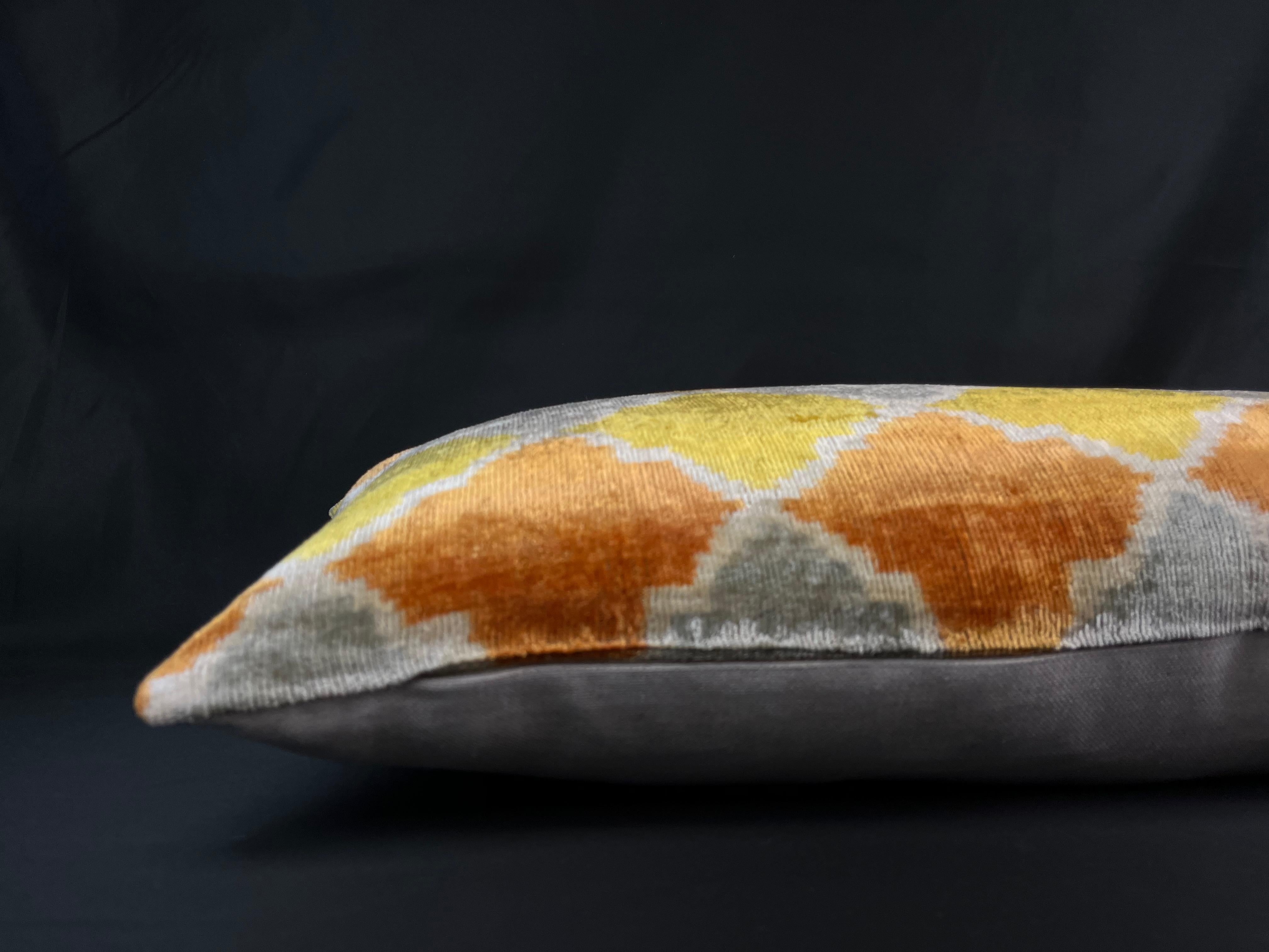 Turkish Orange and Gray Lumbar Velvet Silk Ikat Pillow Cover For Sale