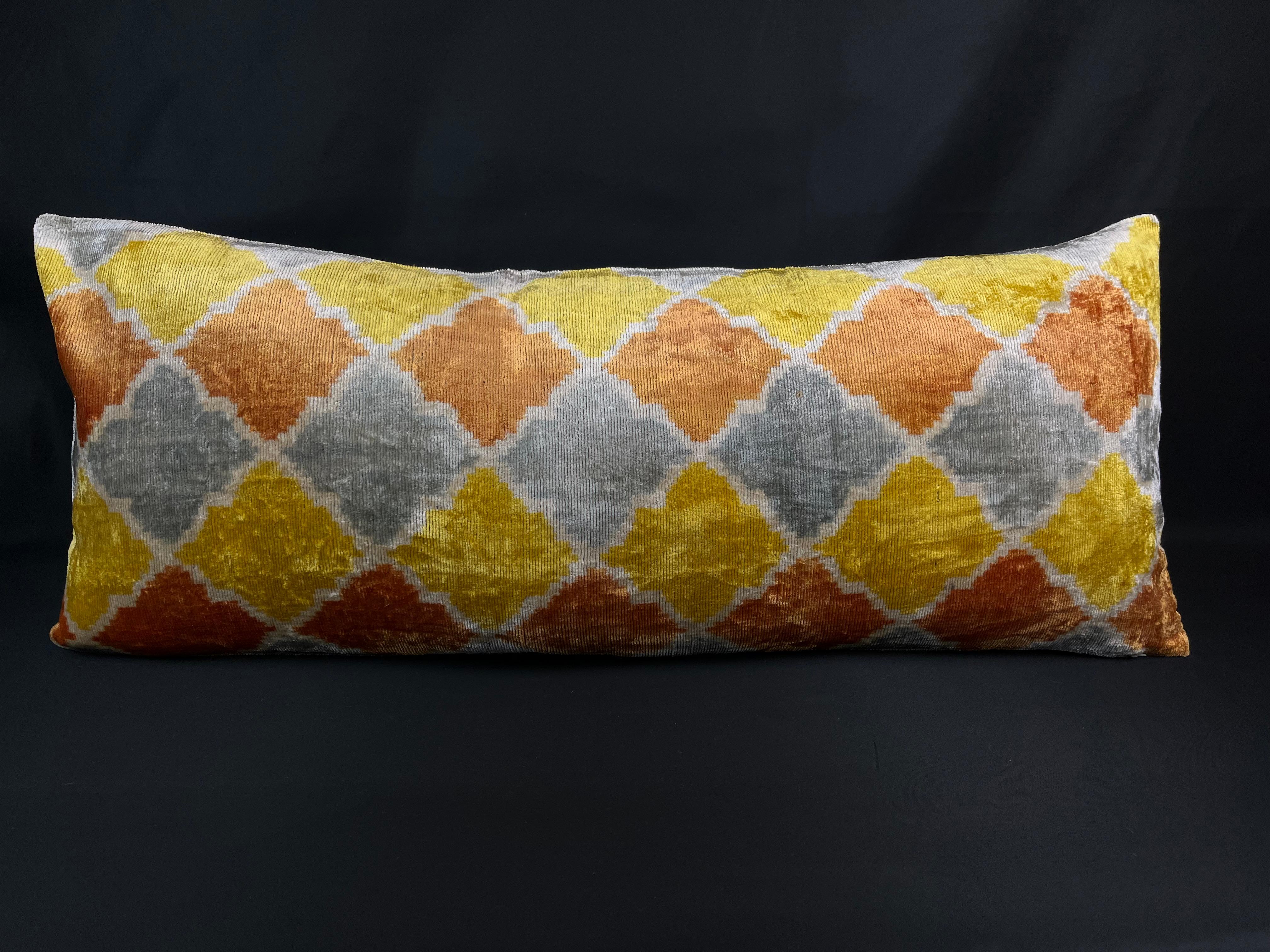 Orange and Gray Lumbar Velvet Silk Ikat Pillow Cover In New Condition For Sale In Houston, TX