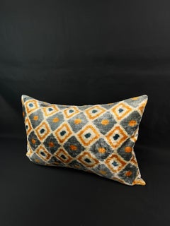 Orange and Gray Velvet Silk Ikat Pillow Cover