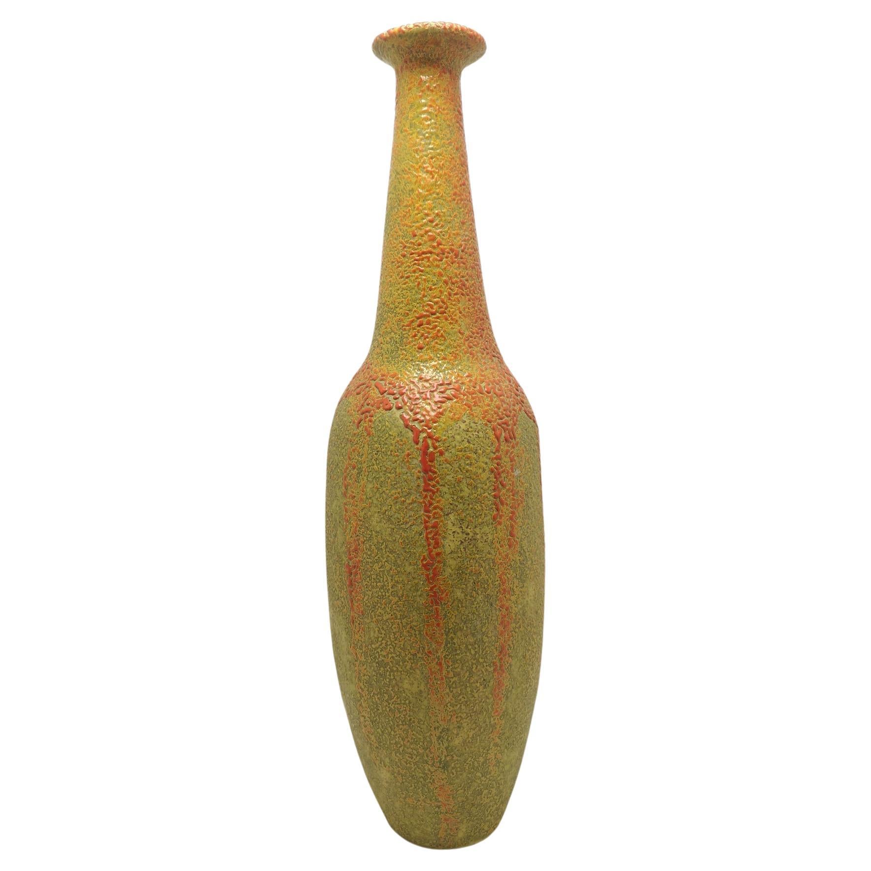 Orange and Green Cracked Glaze Mid Century Floor Vase, 1970s For Sale