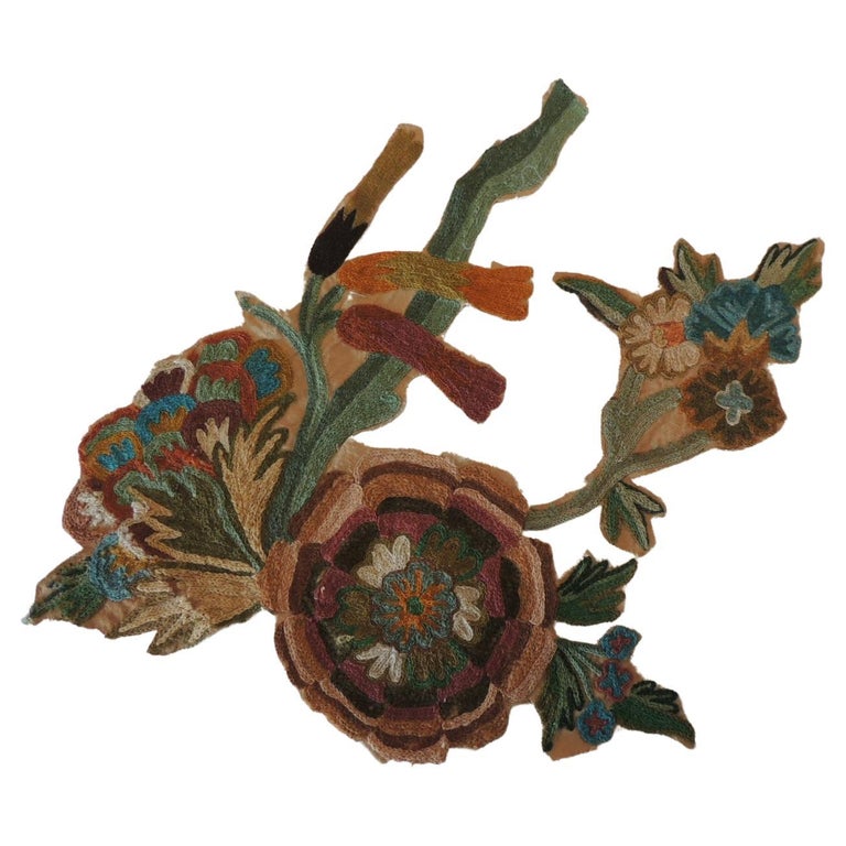 Orange and Green Crewel Embroidery Applique Fragment For Sale at 1stDibs