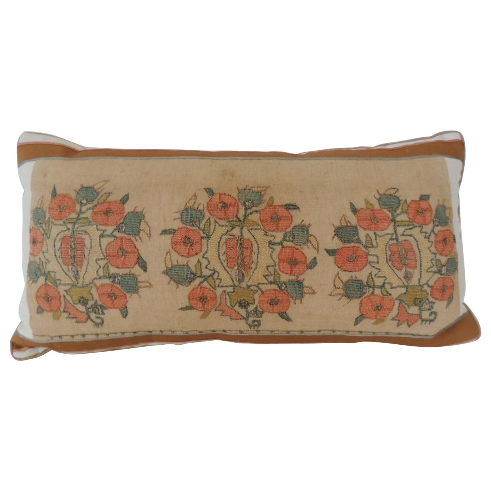 Orange and Green Floral Embroidery Decorative Bolster Pillow