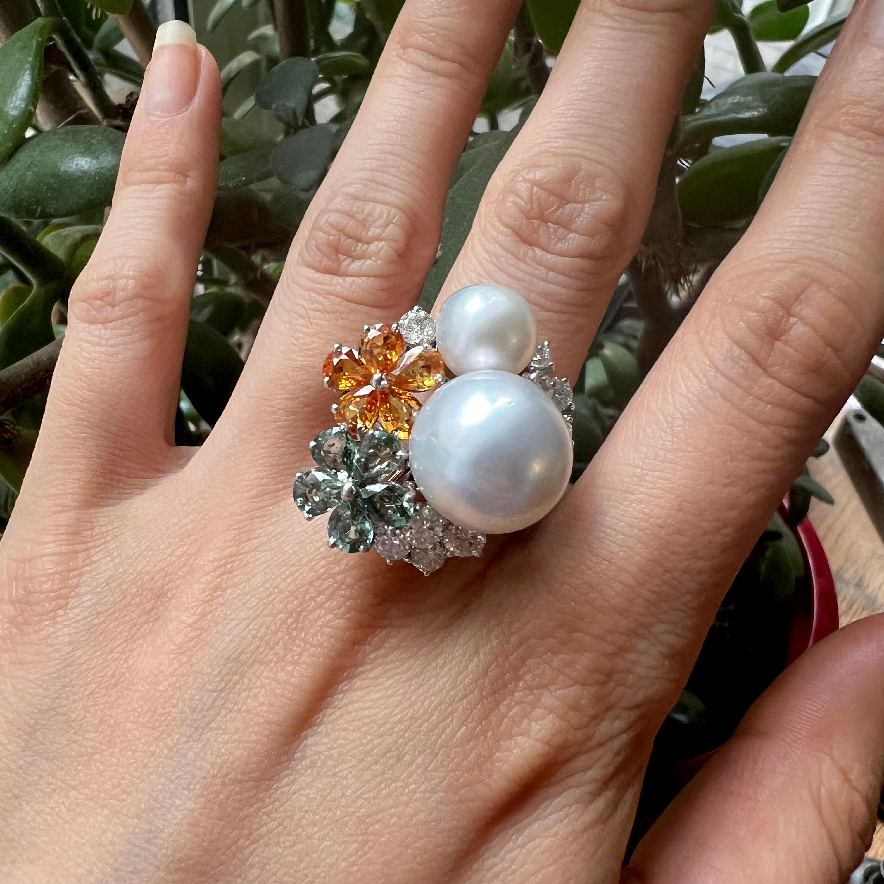 Pear Cut Orange and Green Sapphire, Diamond & Pearl 14 Carat White Gold Cocktail Ring