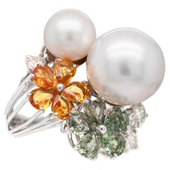 Orange and Green Sapphire, Diamond & Pearl 14 Carat White Gold Cocktail Ring