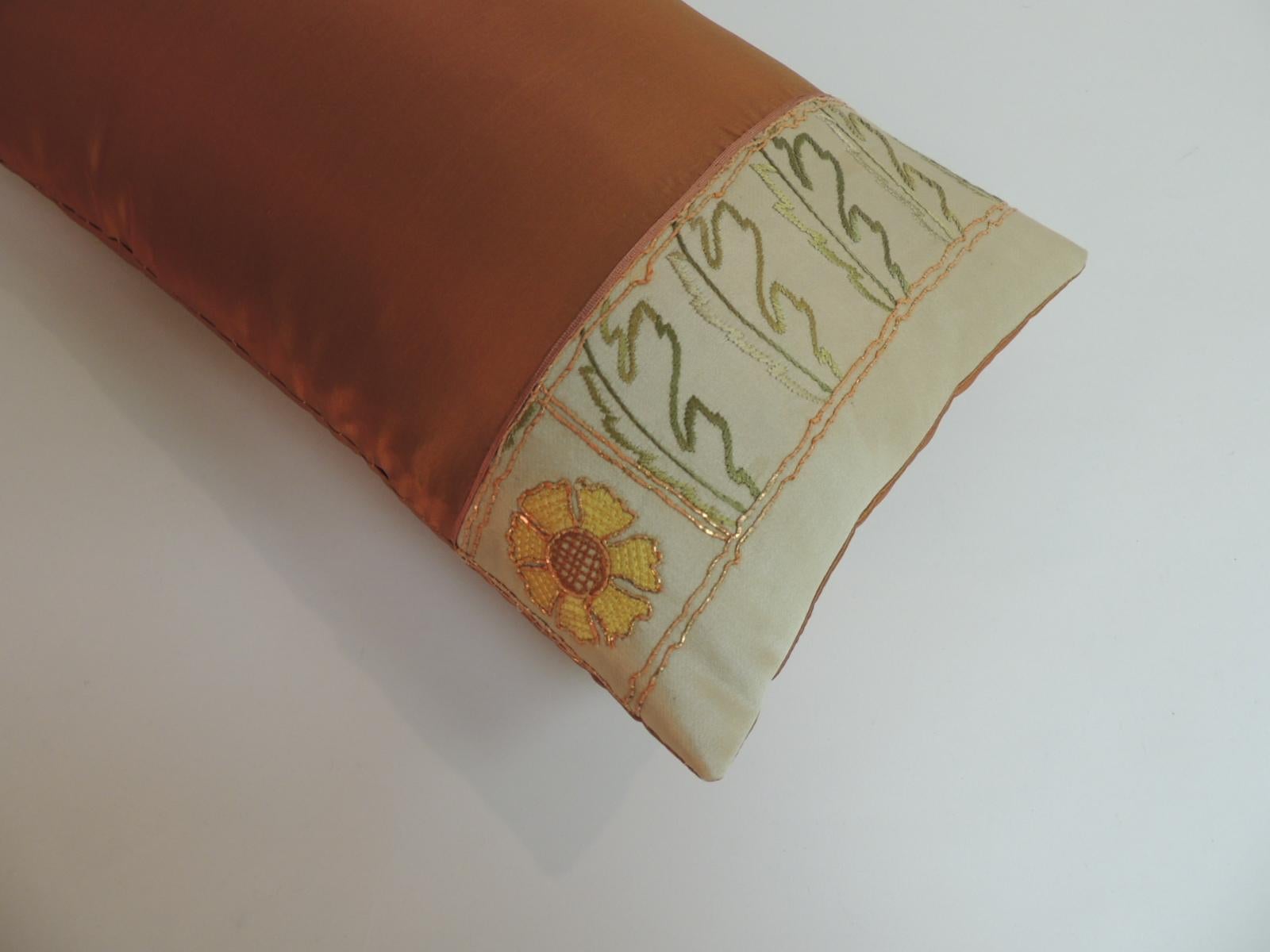 Hand-Crafted Orange and Green Turkish Silk Embroidered Lumbar Decorative Pillow