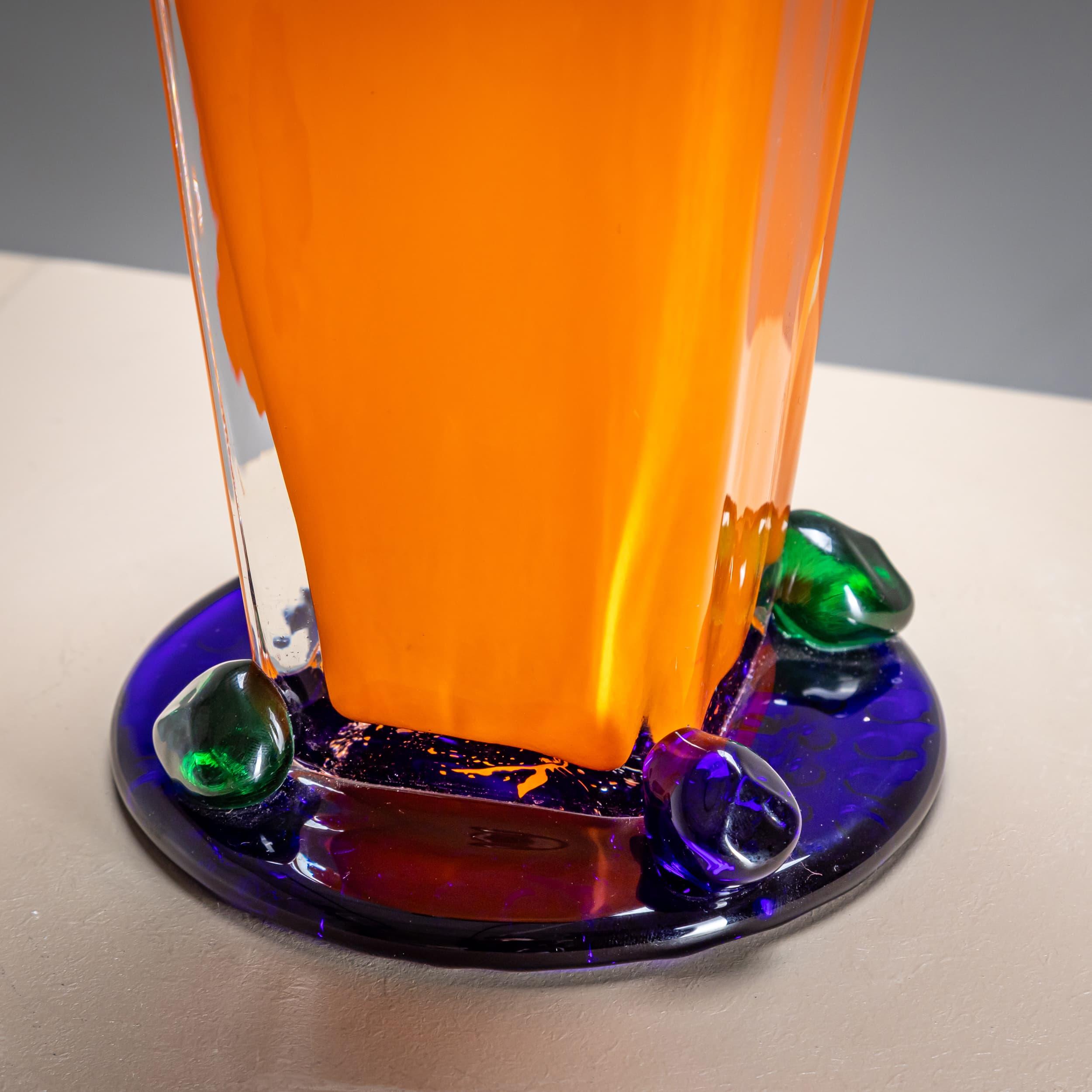 Glass Orange and Green Vase, Signed J. Guliajile, 20th Century For Sale