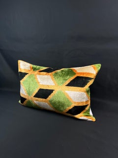 Orange and Green Velvet Silk Ikat Pillow Cover
