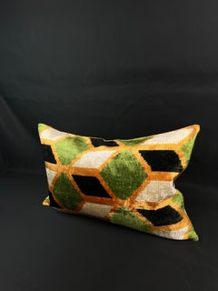 Orange and Green Velvet Silk Ikat Pillow Cover