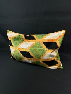 Orange and Green Velvet Silk Ikat Pillow Cover