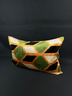 Orange and Green Velvet Silk Ikat Pillow Cover