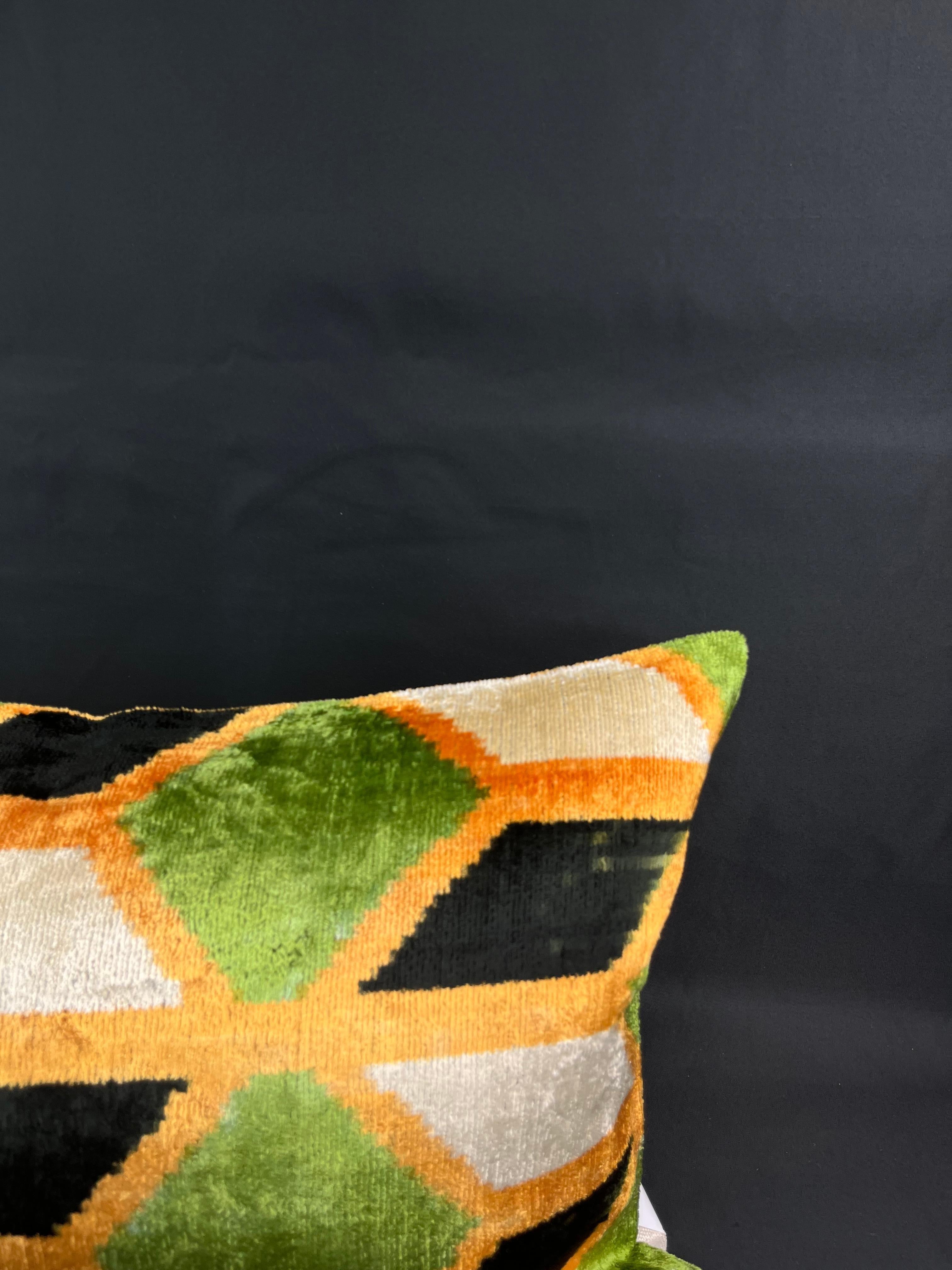 Modern Orange and Green Velvet Silk Ikat Pillow Cover For Sale