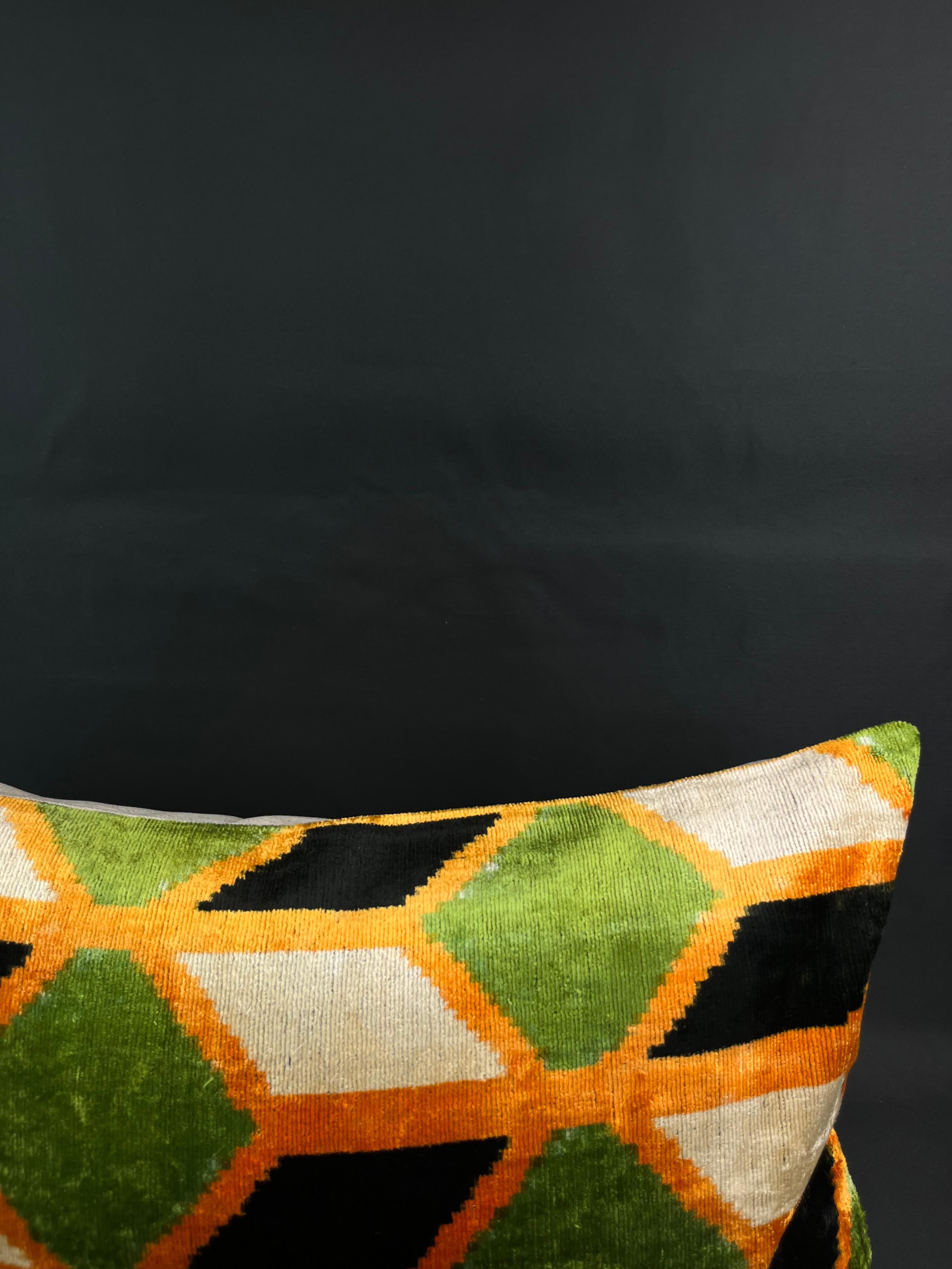Modern Orange and Green Velvet Silk Ikat Pillow Cover For Sale