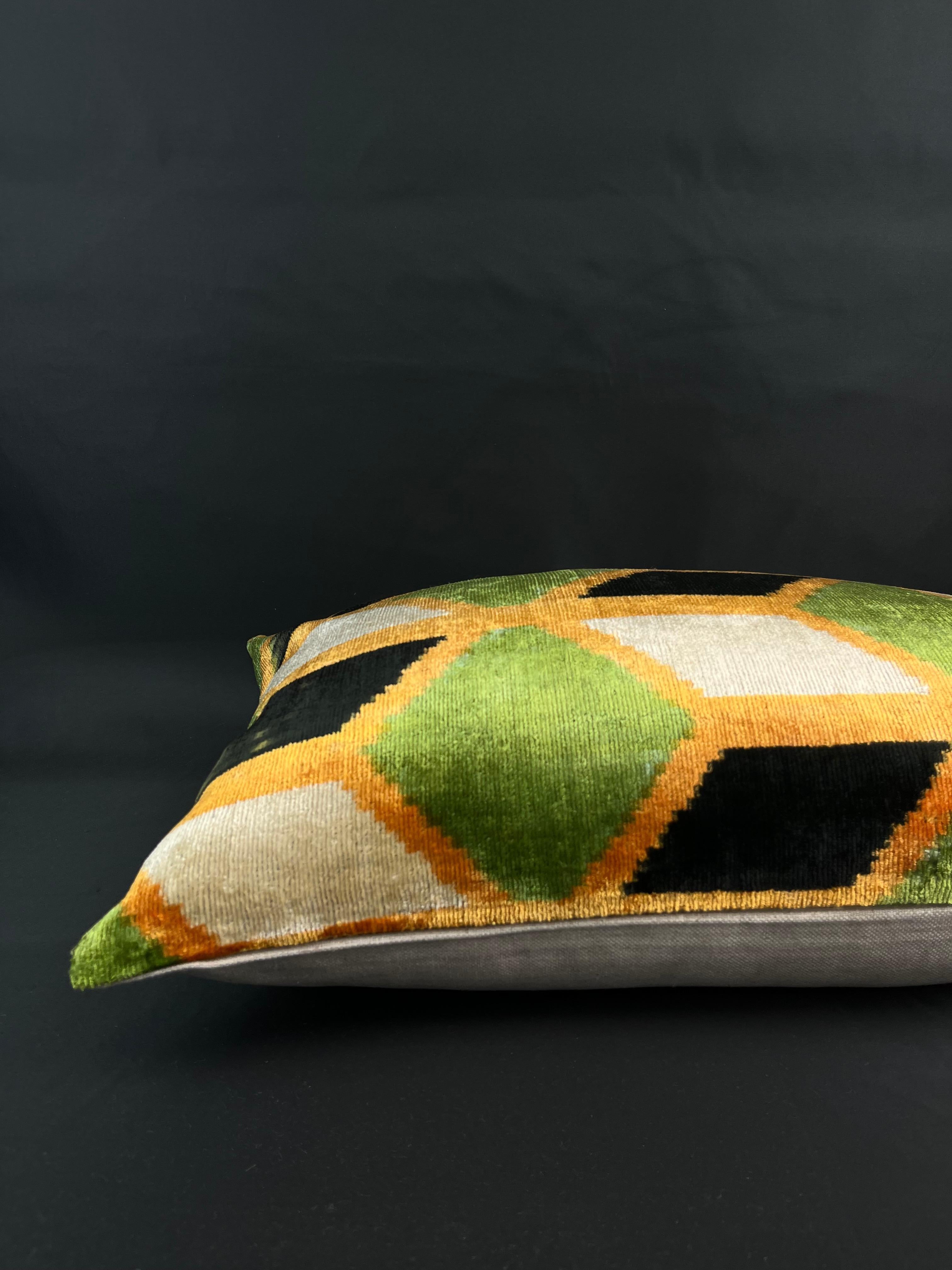 Turkish Orange and Green Velvet Silk Ikat Pillow Cover For Sale