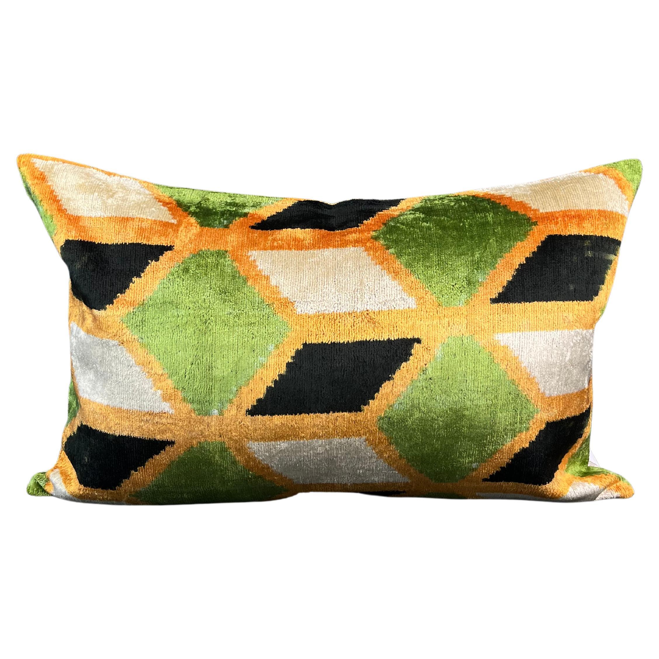 Orange and Green Velvet Silk Ikat Pillow Cover For Sale