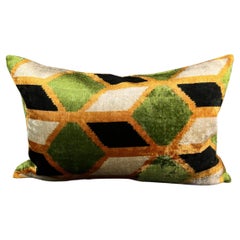 Orange and Green Velvet Silk Ikat Pillow Cover