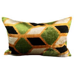 Orange and Green Velvet Silk Ikat Pillow Cover