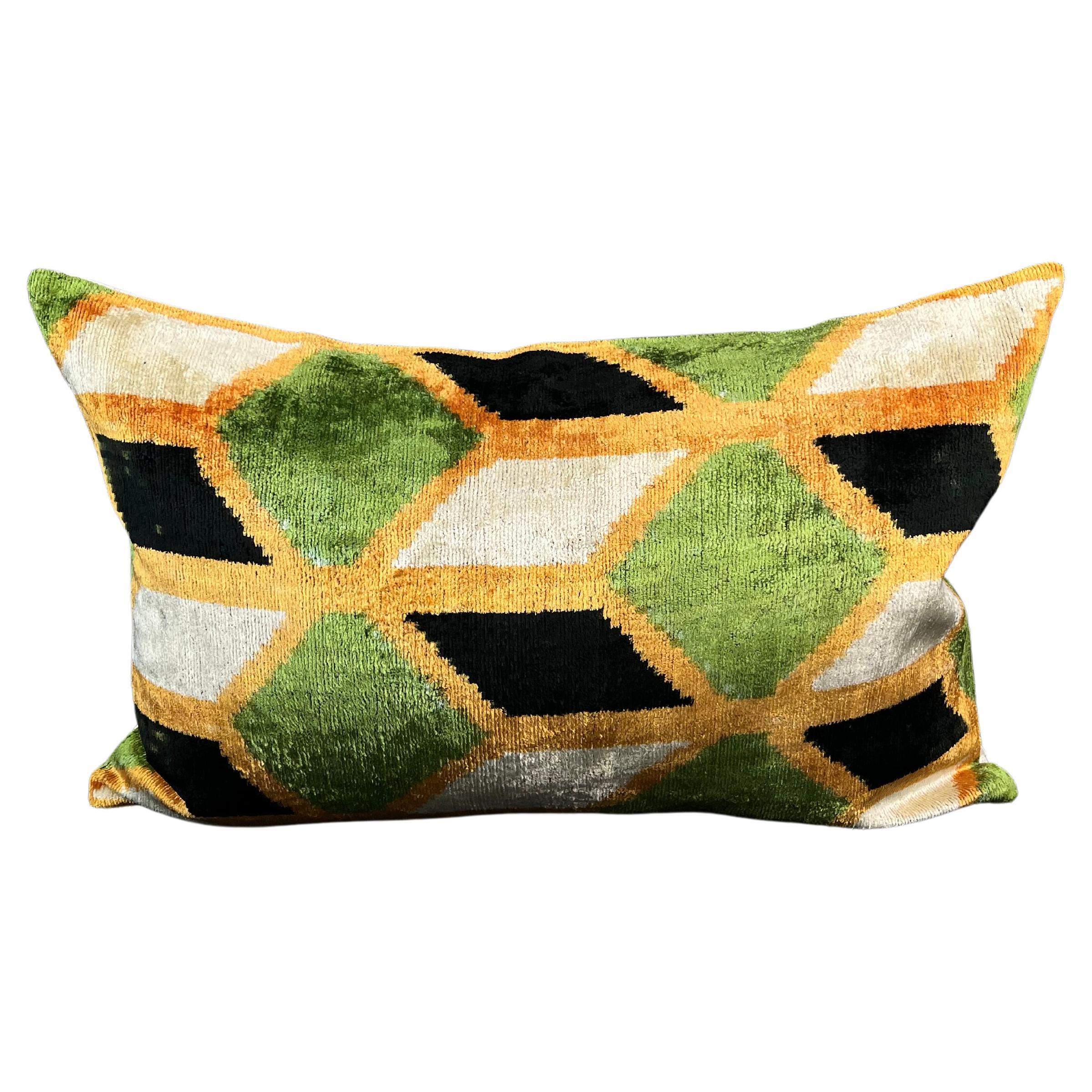 Orange and Green Velvet Silk Ikat Pillow Cover For Sale