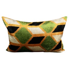 Orange and Green Velvet Silk Ikat Pillow Cover