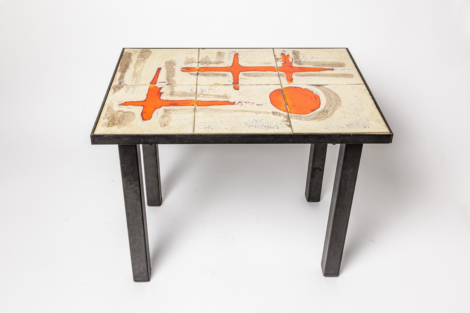 French orange and grey low ceramic coffee table by J Lignier circa 1970 20th design For Sale