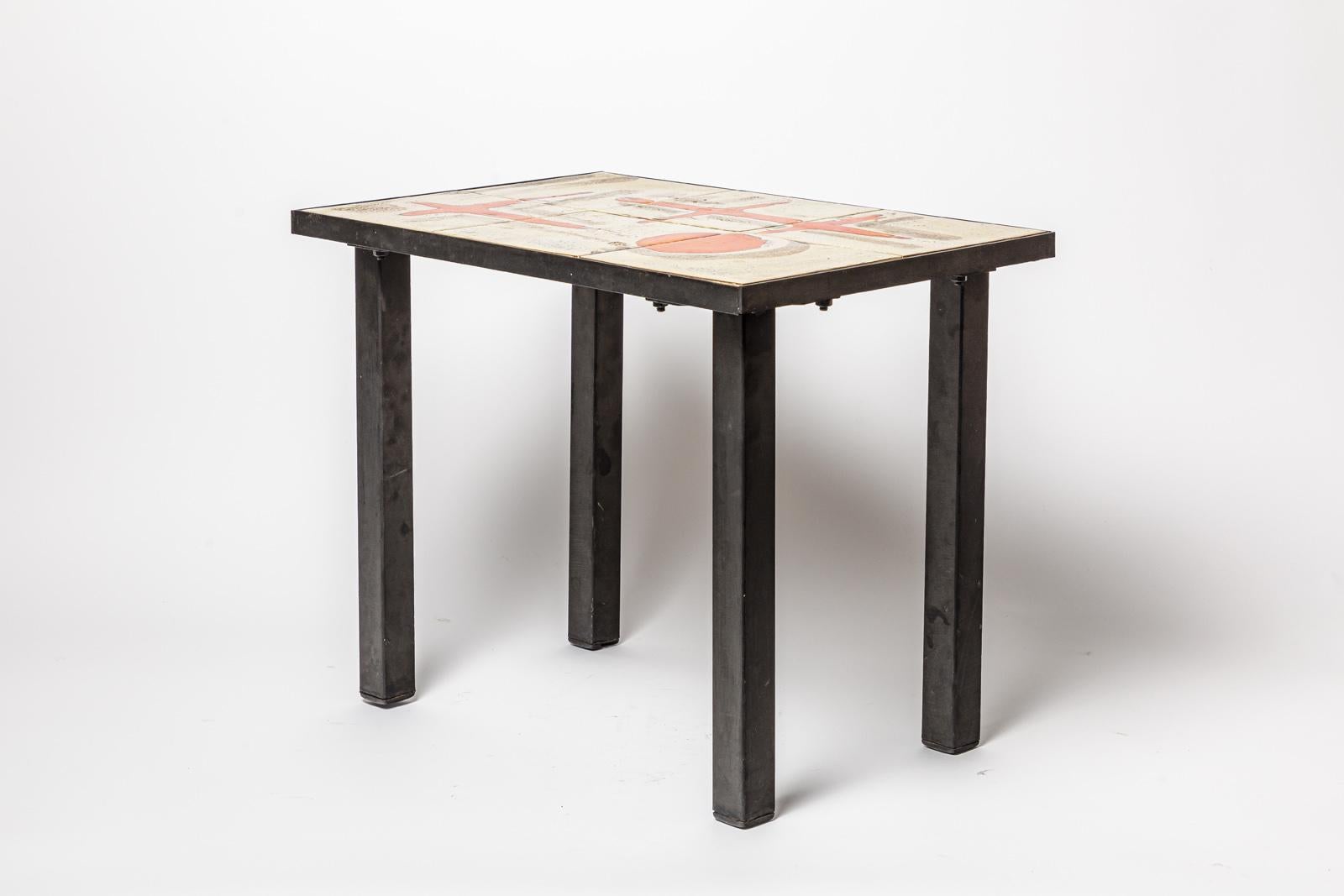 20ième siècle Table basse en céramique orange et grise par J Lignier circa 1970 20e design en vente