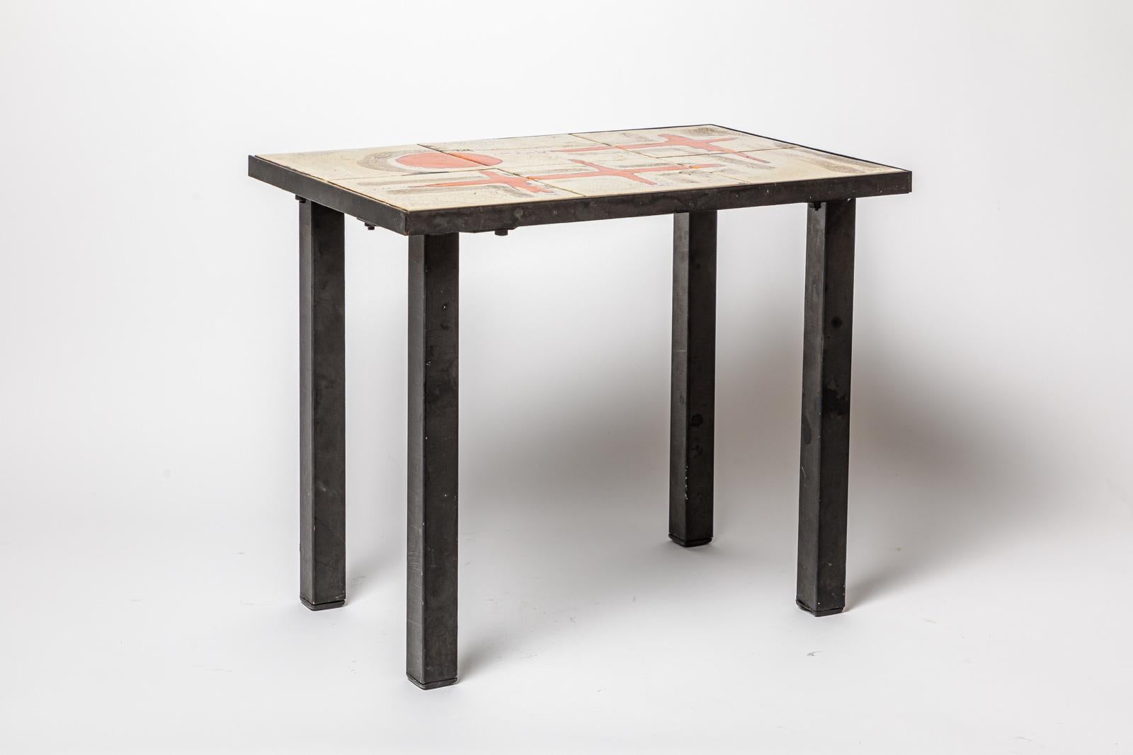 Ceramic orange and grey low ceramic coffee table by J Lignier circa 1970 20th design For Sale