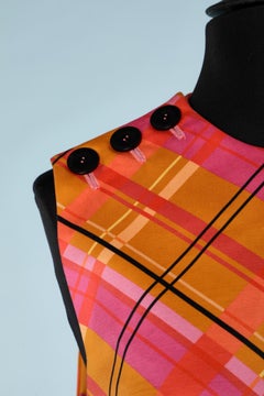 Orange and pink check sleeveless dress with buttons on shoulders Mila Schon