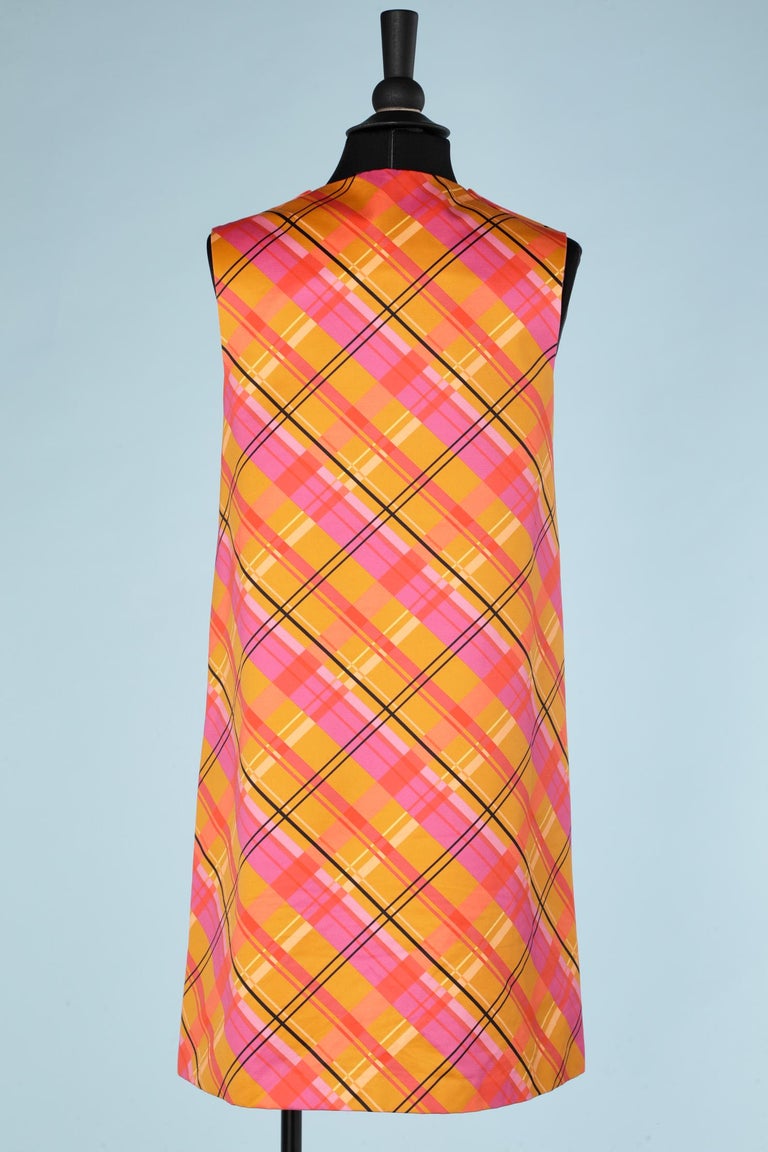 Orange and pink check sleeveless dress with buttons on shoulders Mila