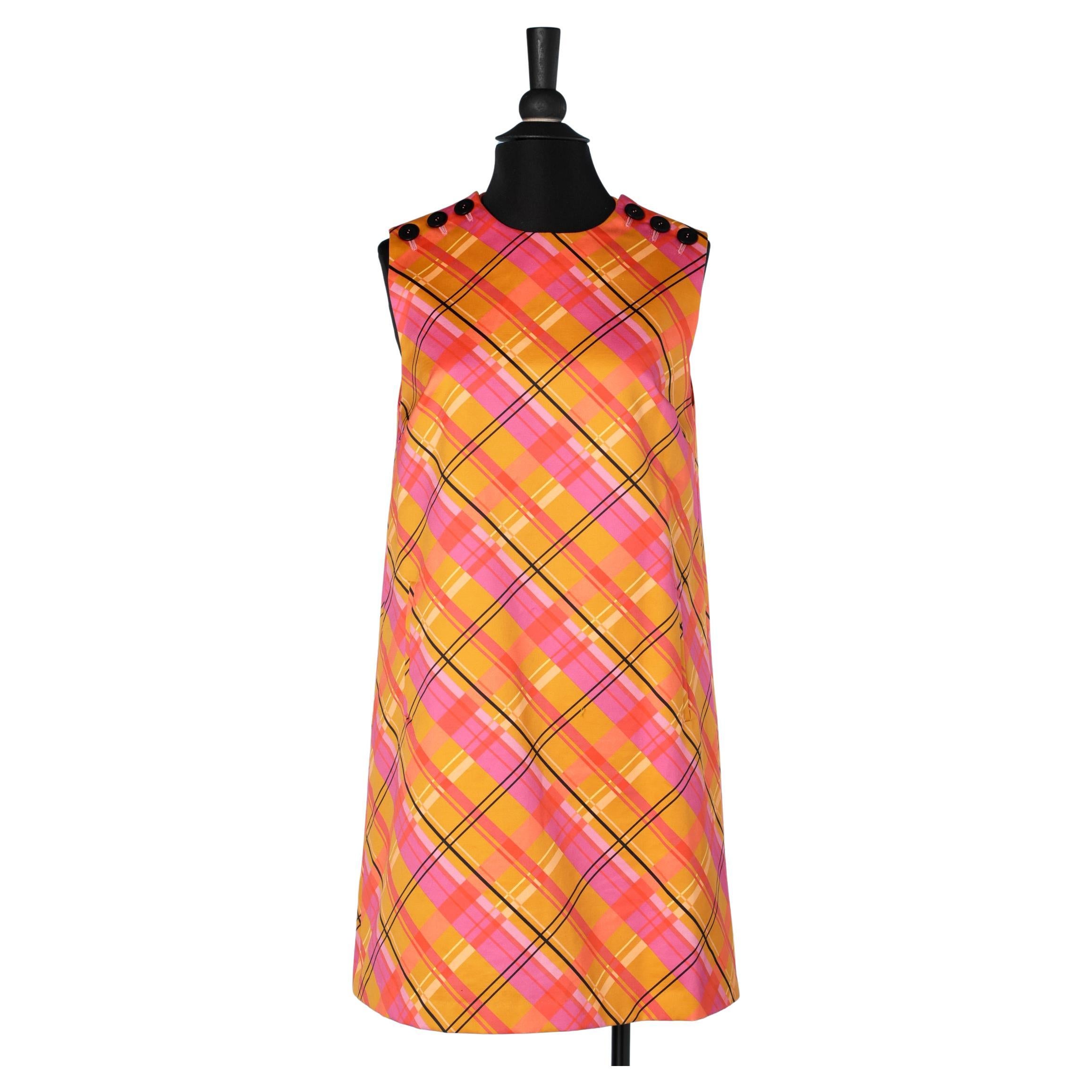 Orange and pink check sleeveless dress with buttons on shoulders Mila Schon 