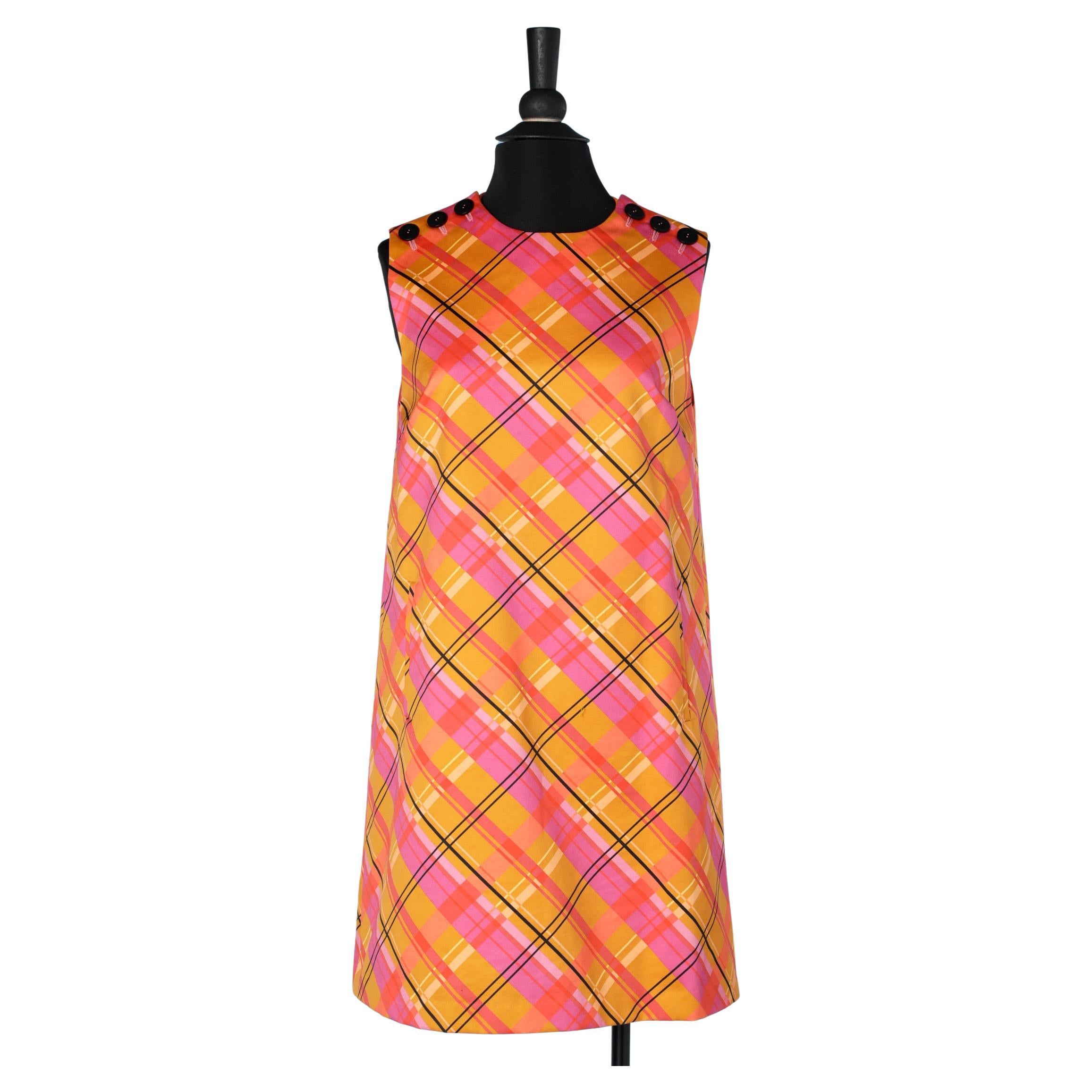 Orange and pink check sleeveless dress with buttons on shoulders Mila Schon For Sale