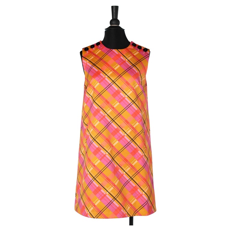 Orange and pink check sleeveless dress with buttons on shoulders Mila Schon  For Sale at 1stDibs