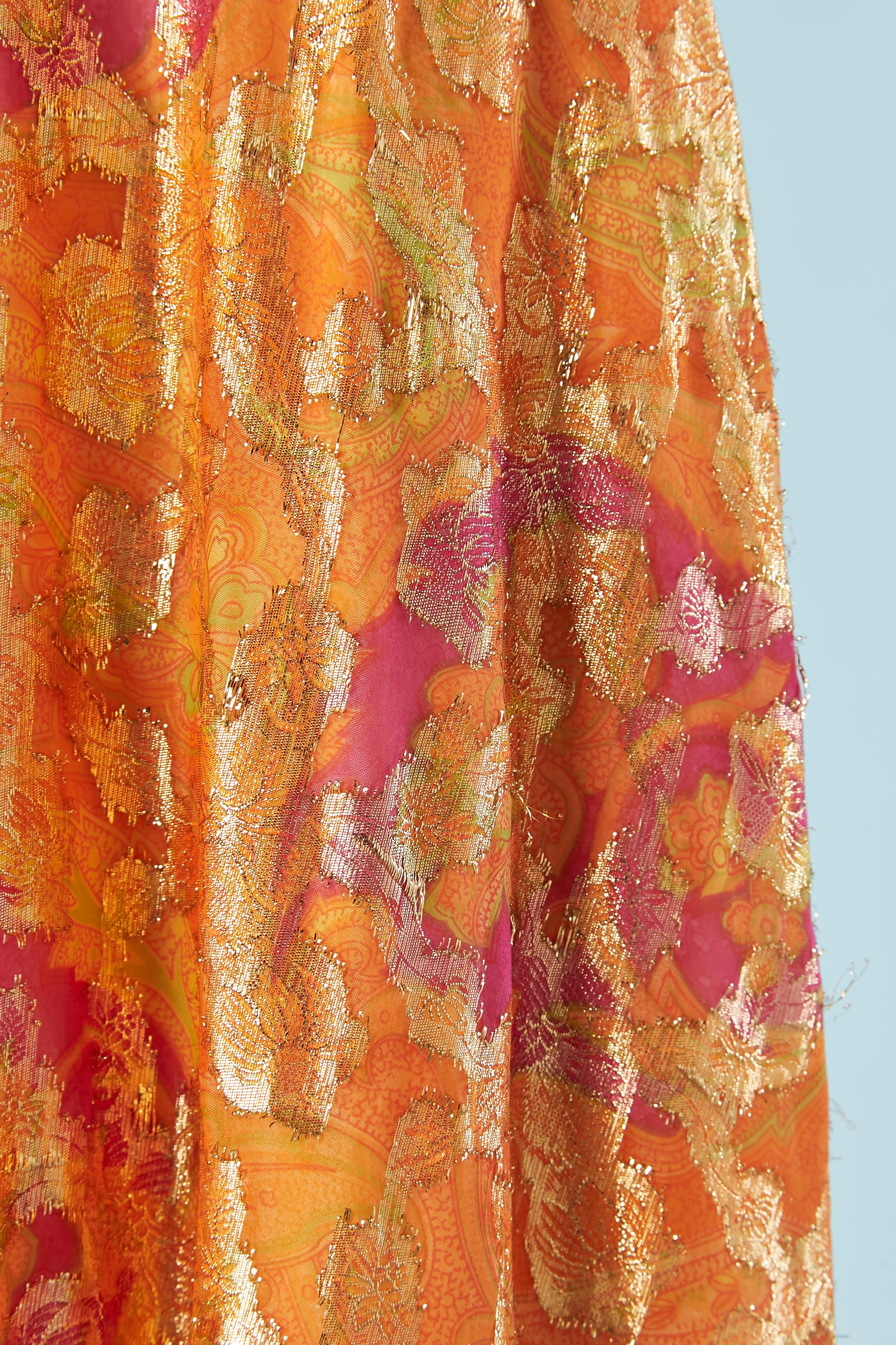 Orange and pink printed lurex jumpsuit with belt Circa 1970's  For Sale 1