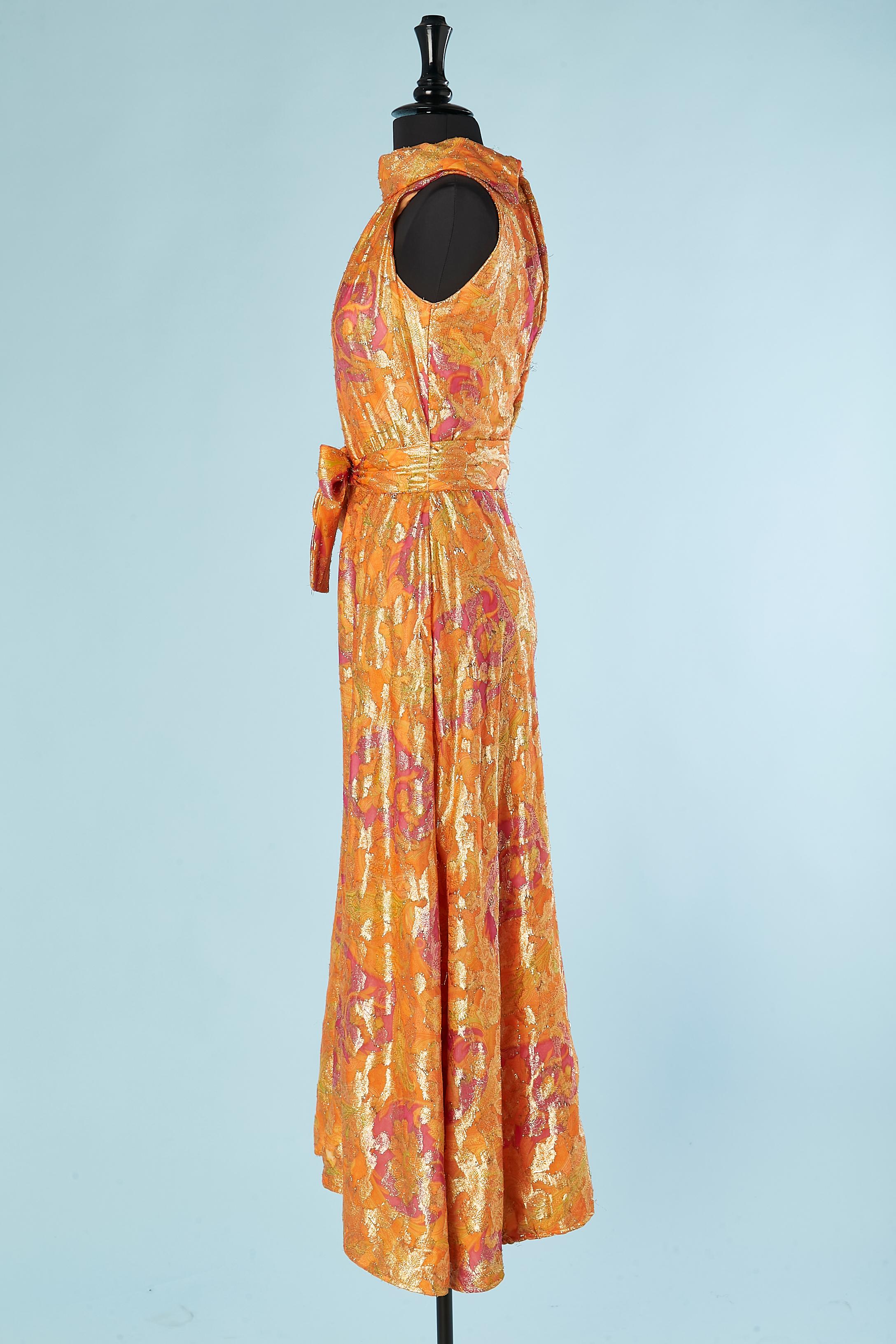 Orange and pink printed lurex jumpsuit with belt Circa 1970's  For Sale 2