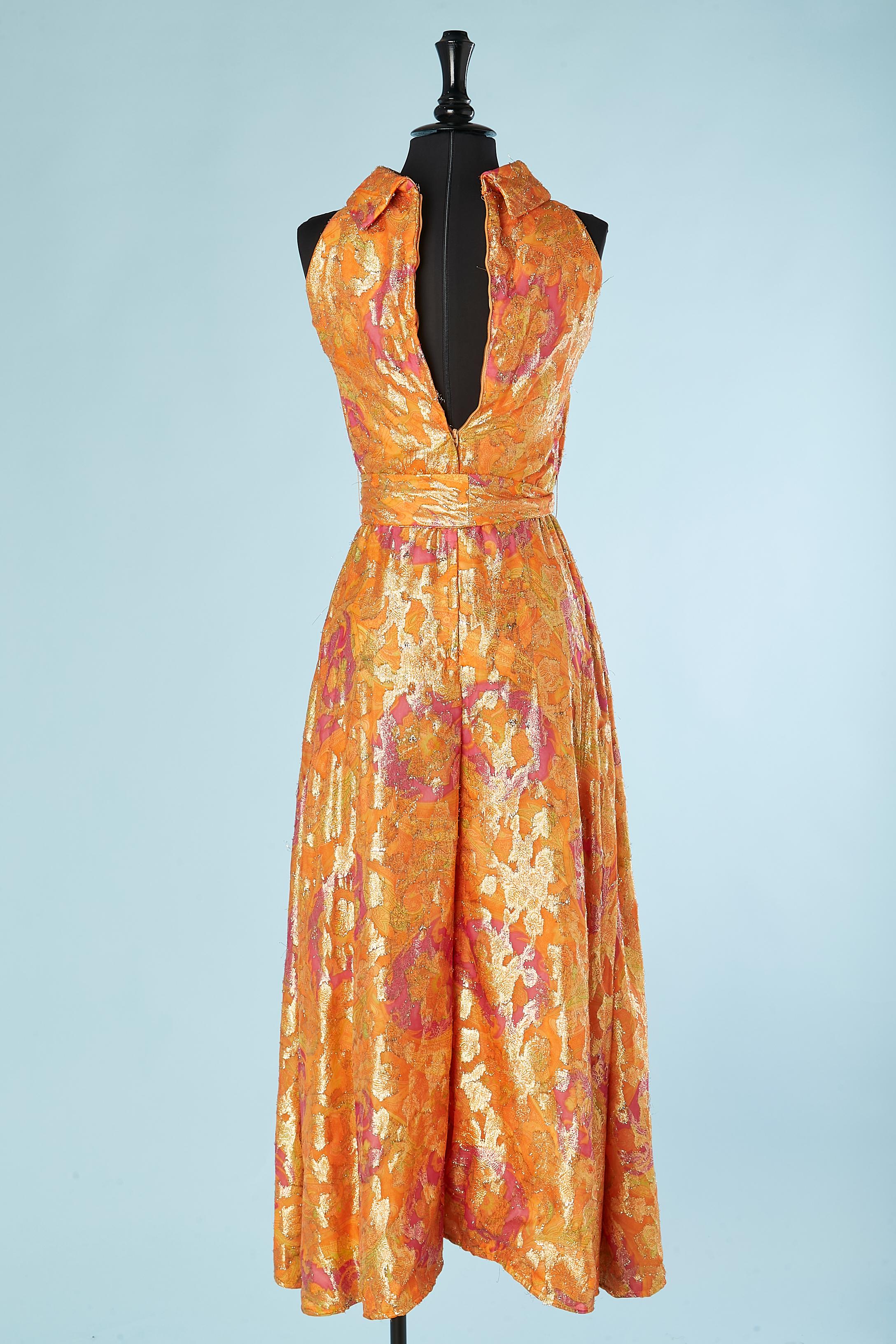 Orange and pink printed lurex jumpsuit with belt Circa 1970's  For Sale 3